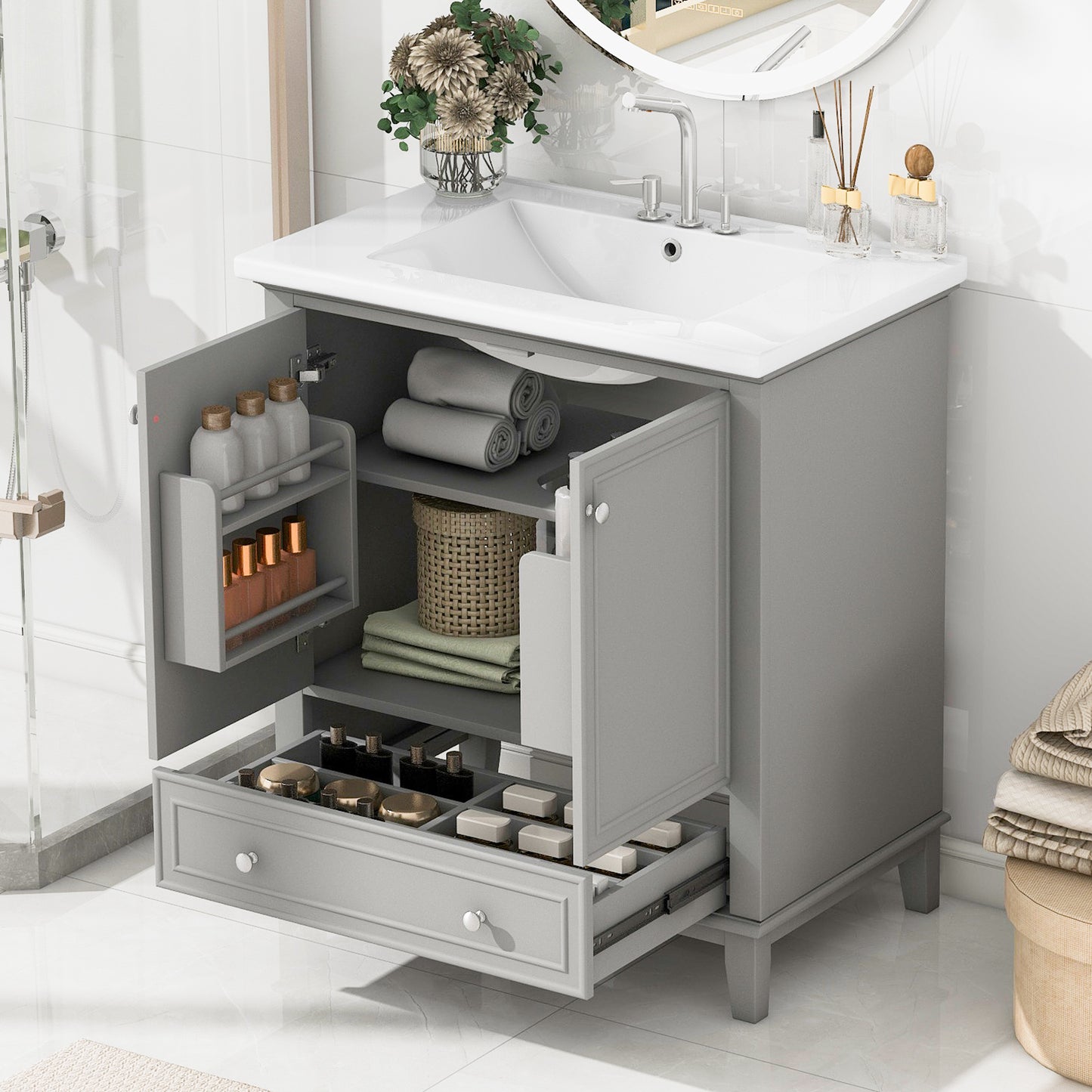 30' Bathroom Vanity with Sink Combo, Multi-functional Bathroom Cabinet with Doors and Drawer, Solid Frame and MDF Board, Grey (Old Sku:SY999606AAE)