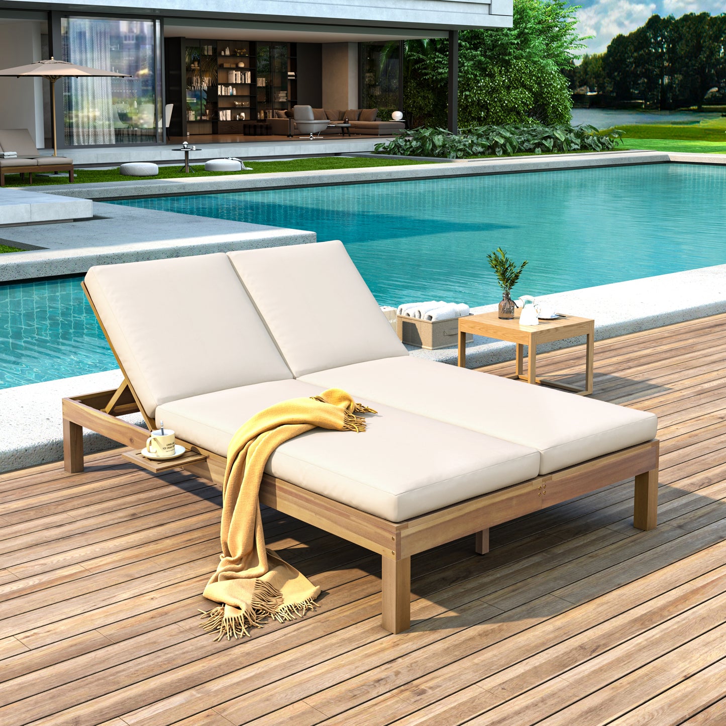 TREXM 5-Position Adjustable Backrest Double Chaise Lounge Outdoor, Outdoor Chaise Lounge with Cushion and Folding Side Trays for 2 People, Patio Double Chaise Lounge for Poolside Garden, Light Teak