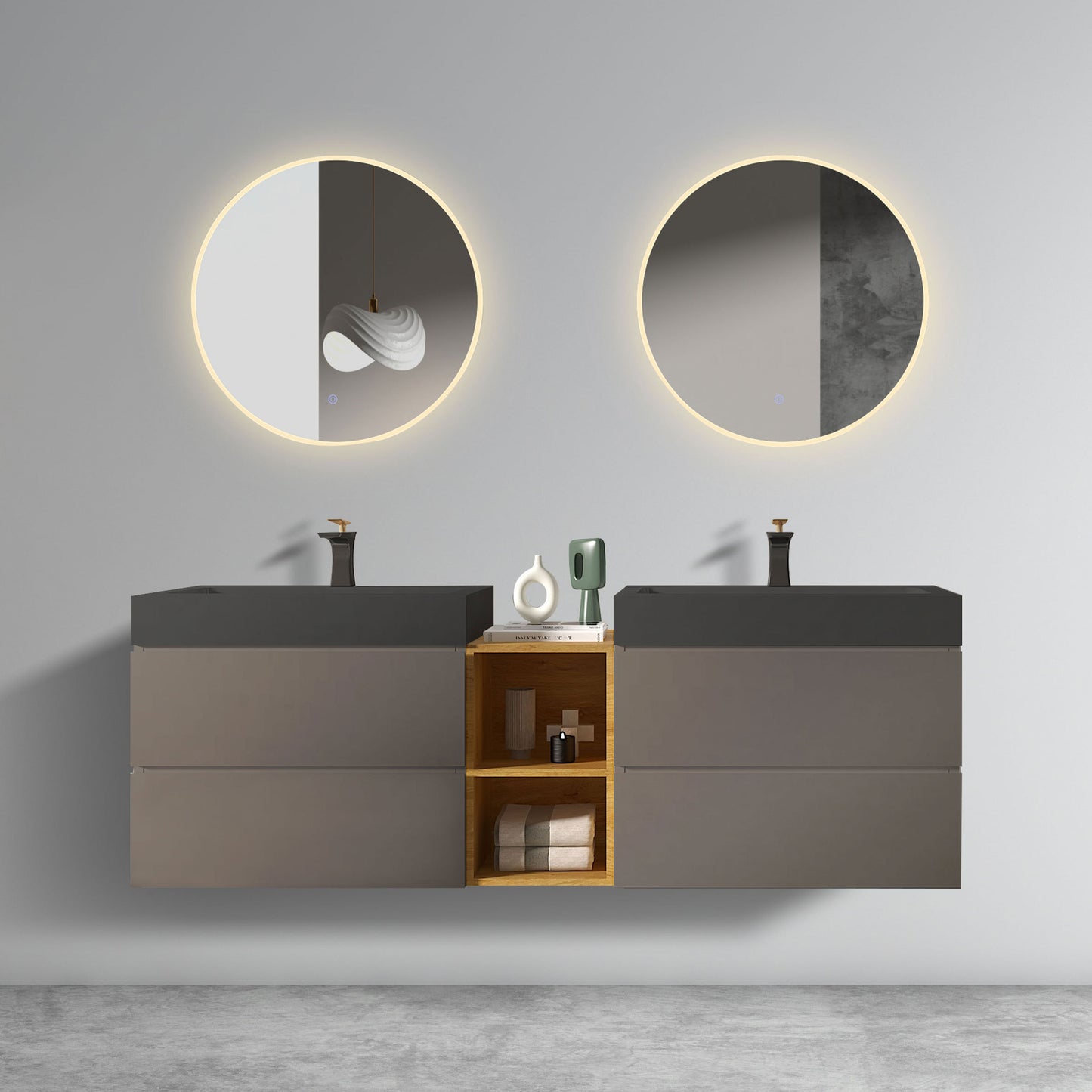 U096-ALICE72W-102 Alice 72' Space Gray Bathroom Vanity with Double Sinks and Open Shelf, Modern Wall Mounted Floating Bathroom Vanity, One-Piece Sink Basin without Drain and Faucet