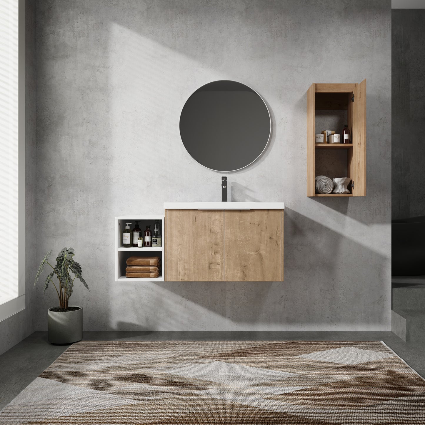 42' Wall-Mounted Bathroom Vanity With Sink and Side Cabinet, Soft Close Doors,00112IMO-0630IMO-0612GWH Combination Cabinet(KD-Packing)