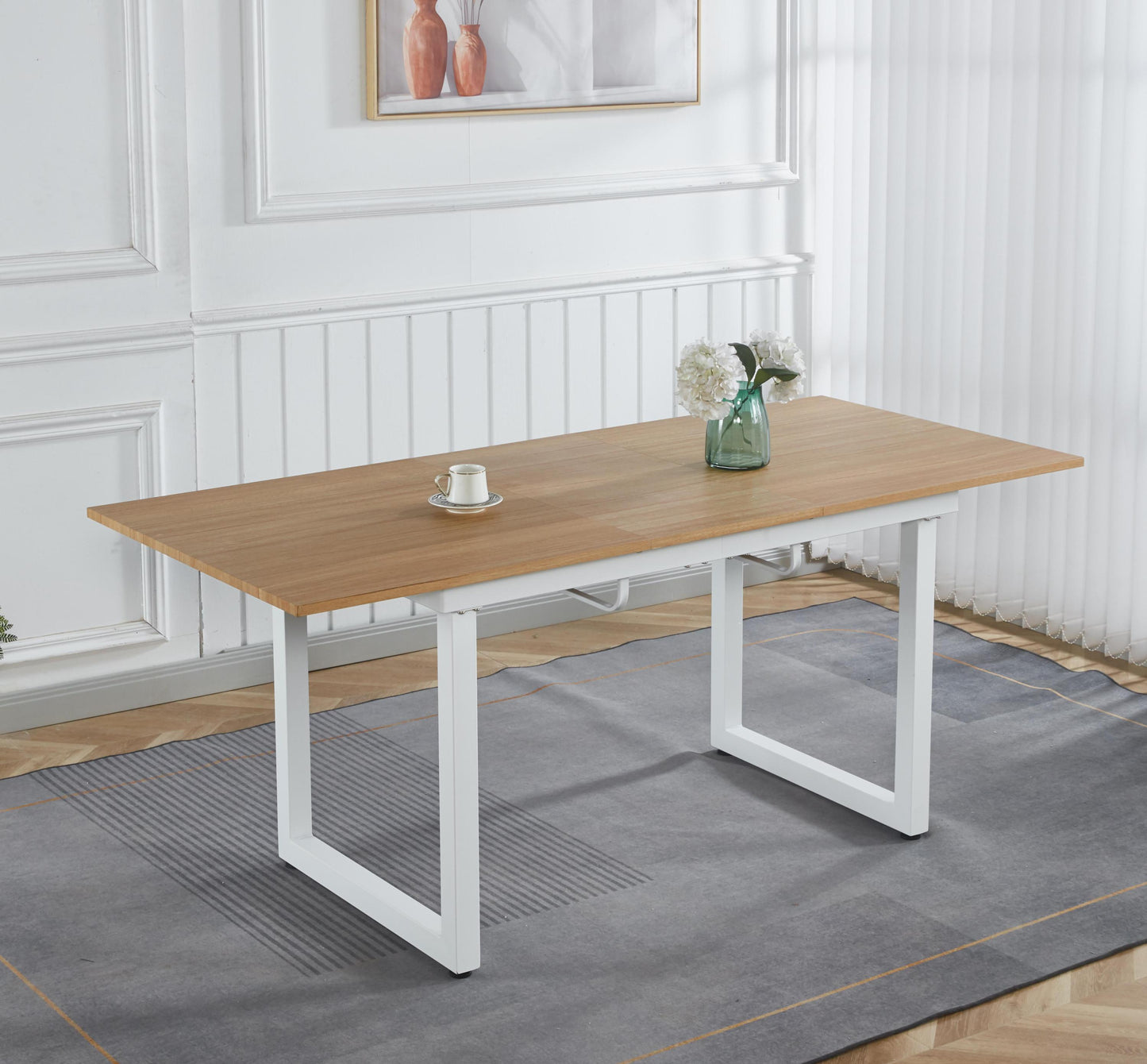 oak color,Square Extendable Dining Table with metal leg,Modern Space Saving Kitchen Table for Living Room(55.11''/ 70.86' L x 31.5' W x 29.5' H)