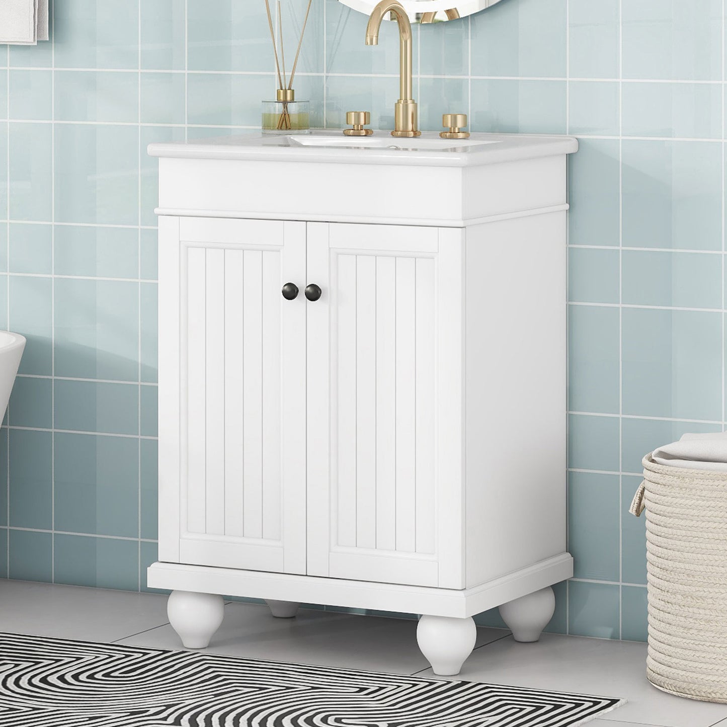 24' White Modern Sleek Bathroom Vanity Elegant Ceramic Sink with Solid Wood Frame, Adjustable Shelf