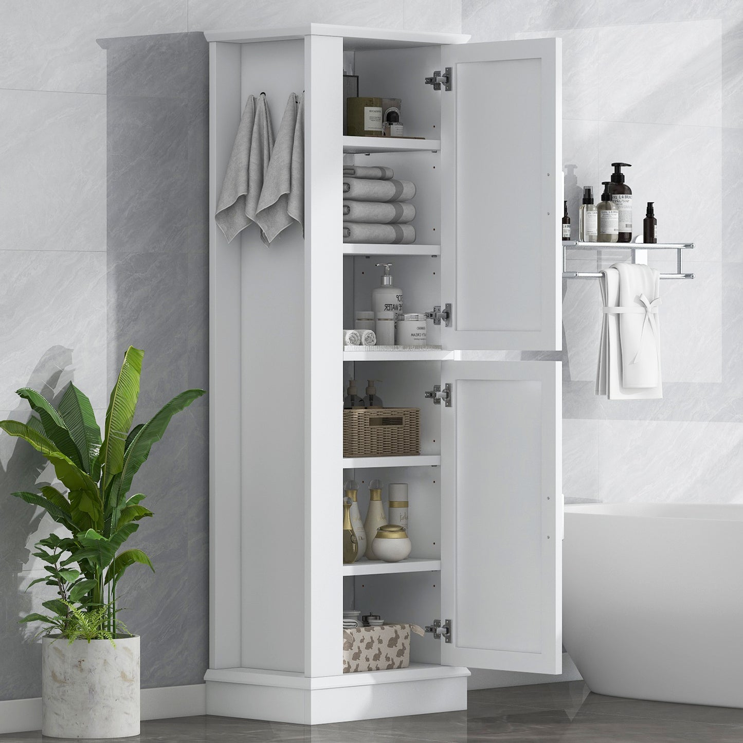 Tall Bathroom Storage Cabinet, Freestanding Storage Cabinet with Hook and Adjustable Shelf, MDF Board, White (Old Sku:WF326356AAK)