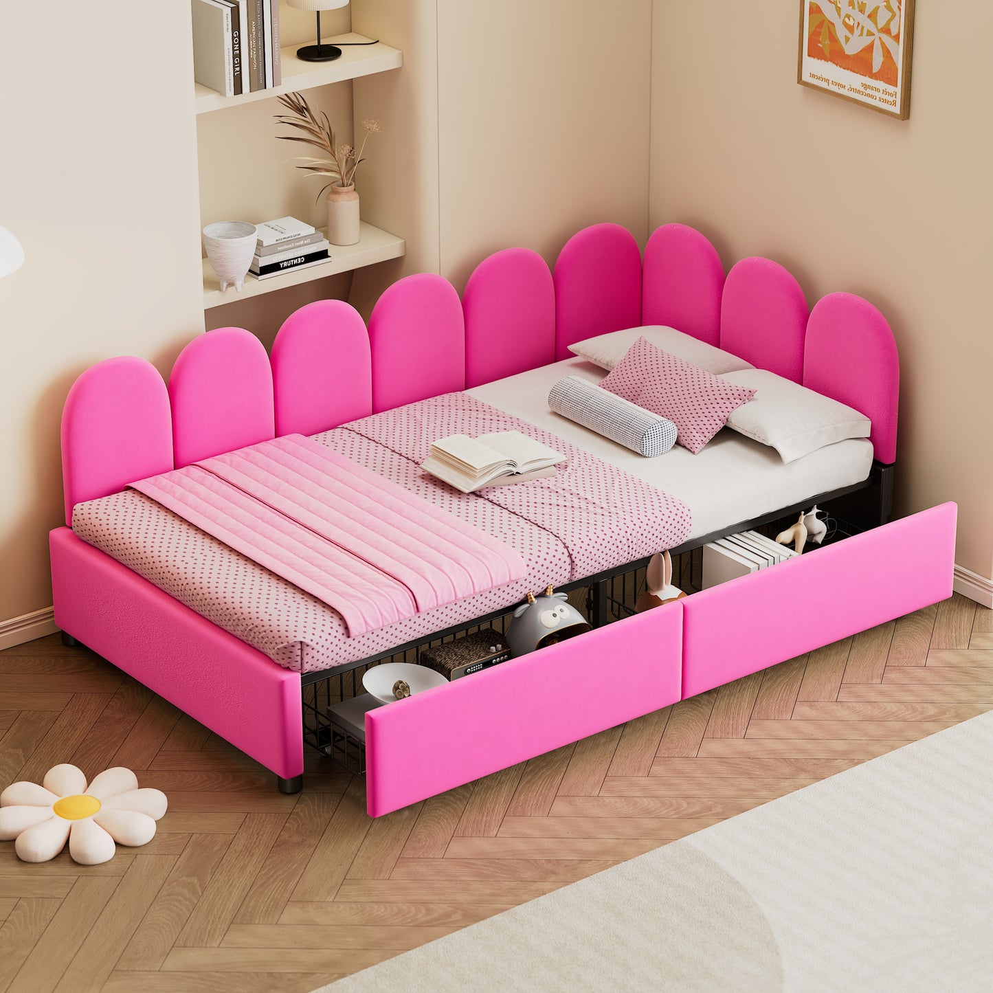 Twin size Upholstered Daybed with 2 Drawers, Velvet Sofabed with Soft Fabric Headboard, No Box-spring Needed, Rose Red