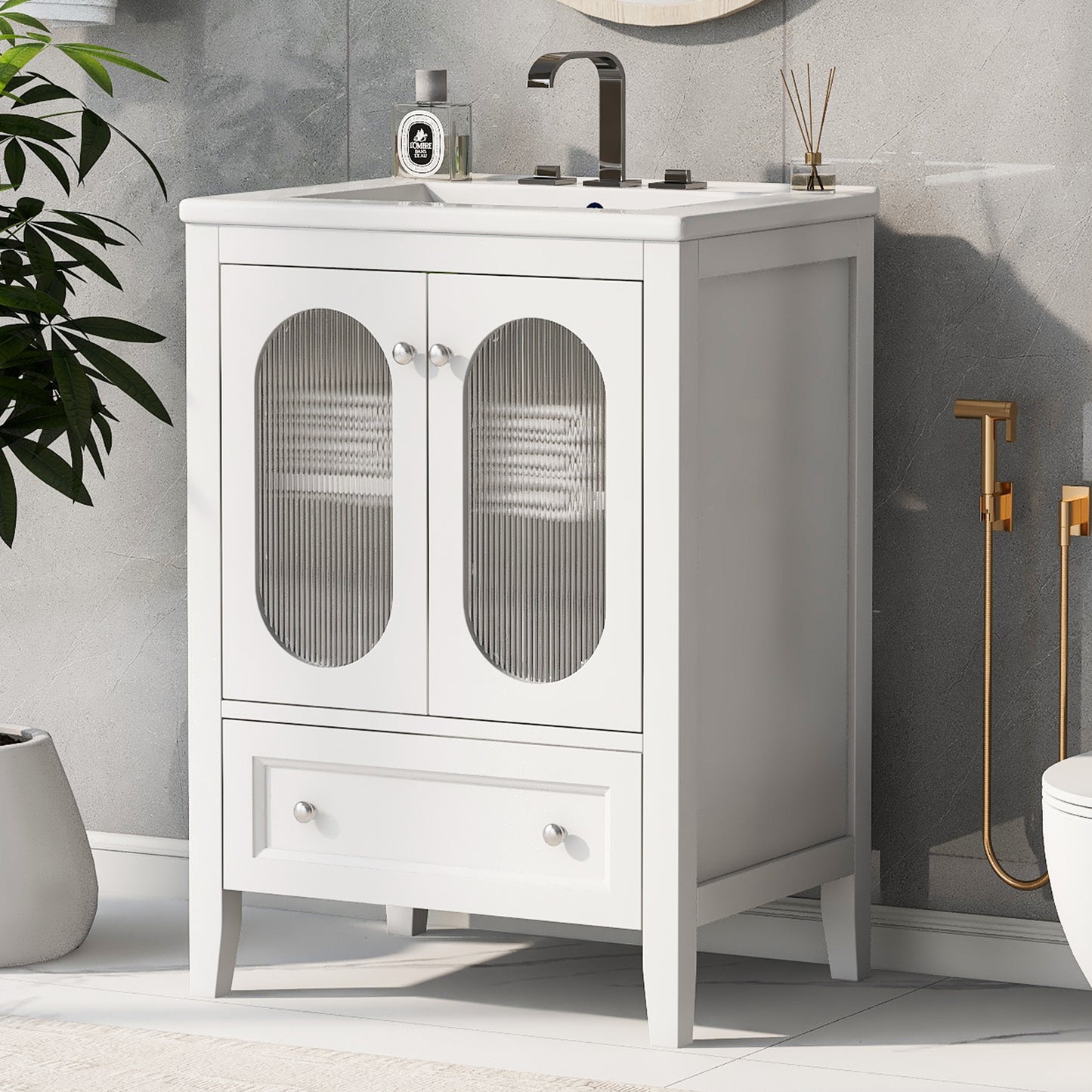 24' Bathroom Vanity with Sink, Bathroom Vanity Cabinet with One Drawer and Doors, Adjustable Shelf, Solid Wood and MDF, White