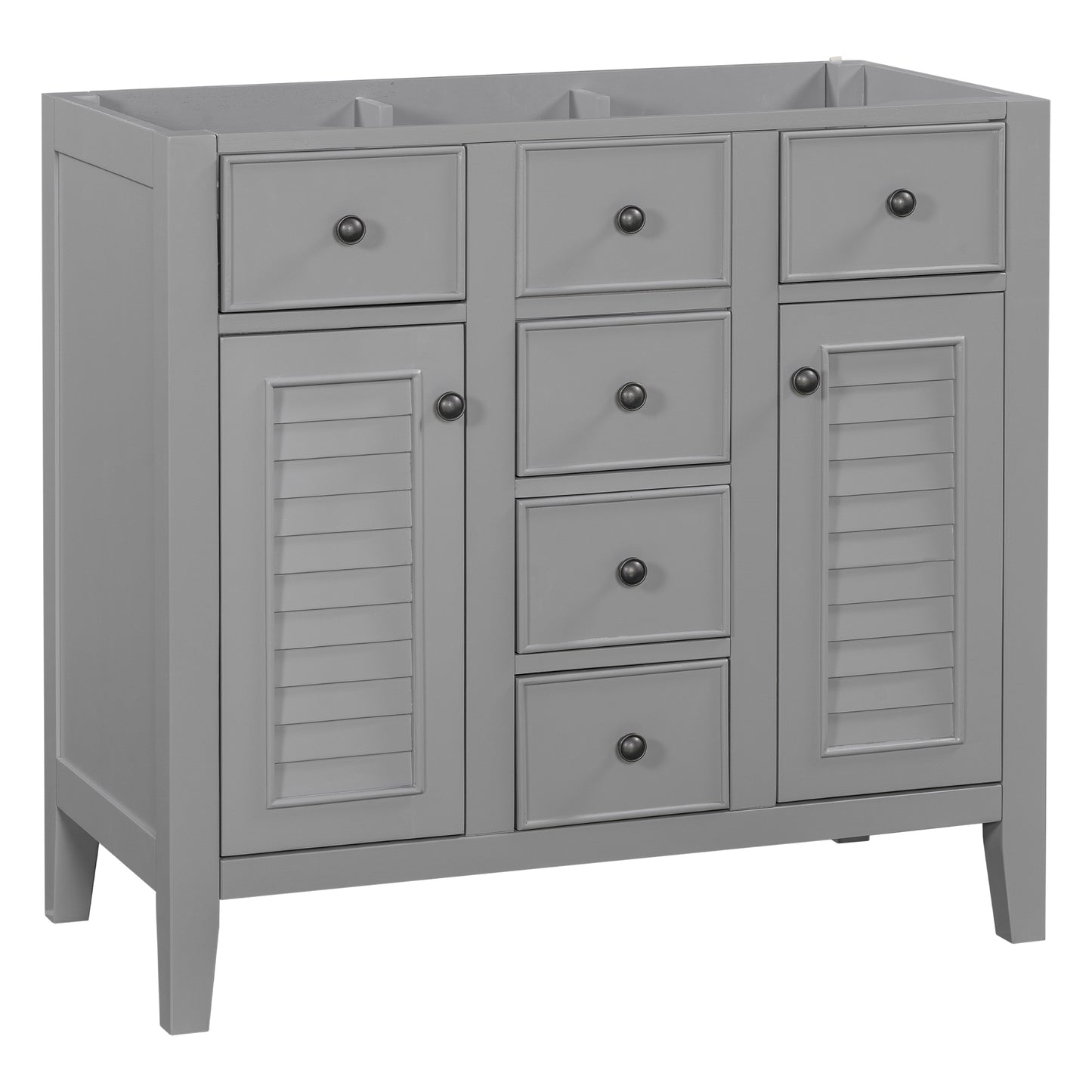36' Bathroom Vanity without Sink, Cabinet Base Only, Two Cabinets and Five Drawers, Solid Wood Frame, Grey