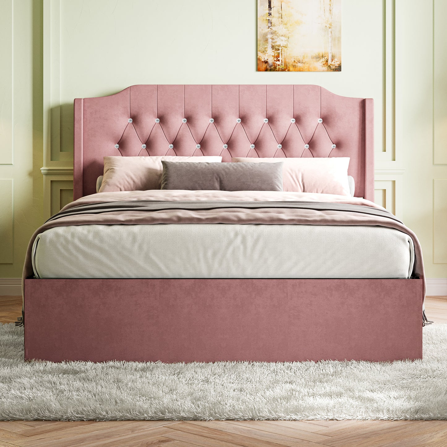 Queen Size Tufted Upholstered Bed Frame with Crystal Button Accents, Bed Frame with Wingback Headboard and Under-Bed Storage Space, No Box Spring Needed,Pink