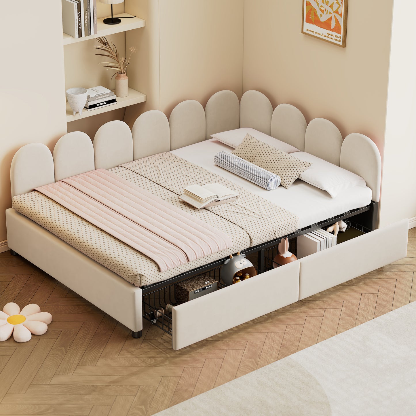 Full Size Upholstered Daybed with 2 Drawers, Velvet Sofabed with Soft Fabric Headboard, No Box-spring Needed, Beige
