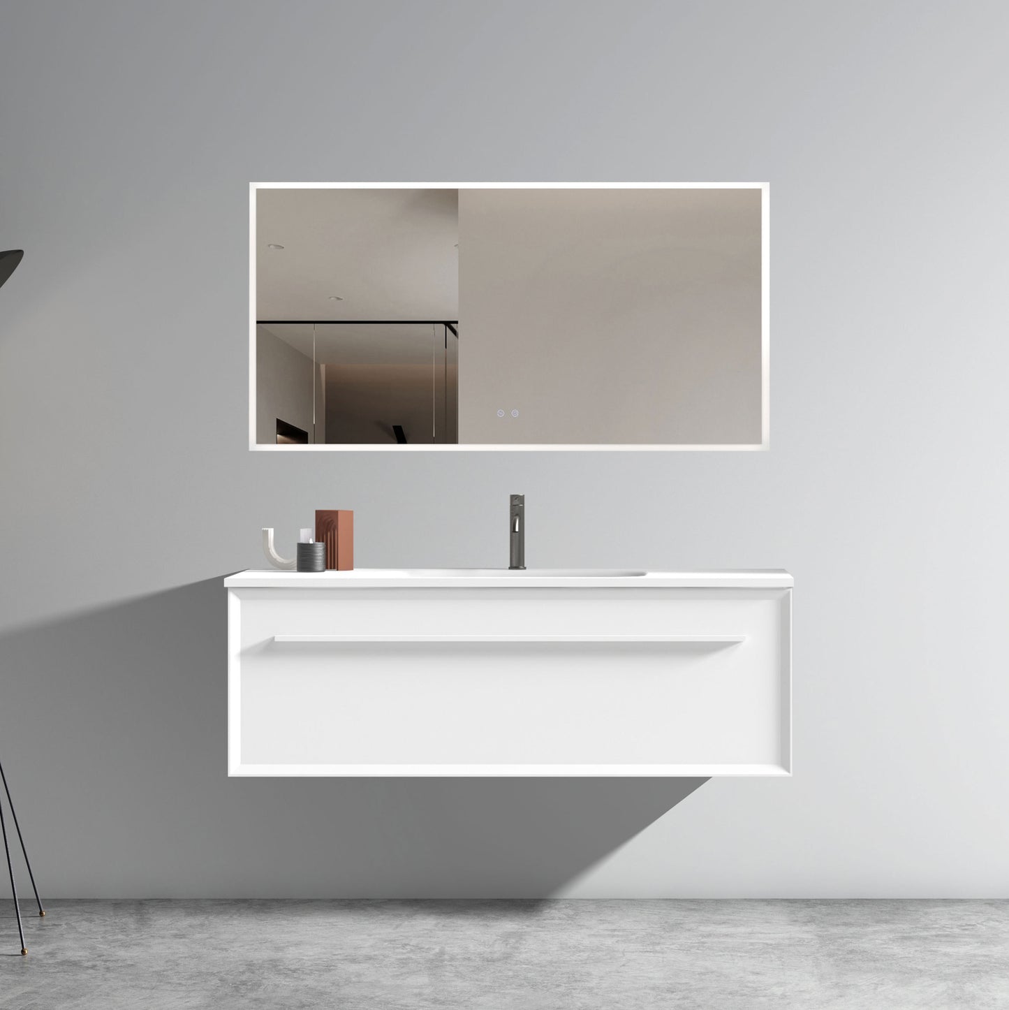 U051-Nevia48W-206 Nevia 48' Matt Snow White Bathroom Vanity with White Solid Surface Sink, Wall Mounted Floating Bathroom Vanity for Modern Bathroom, One-Piece White Basin without Drain, Pre-assembled