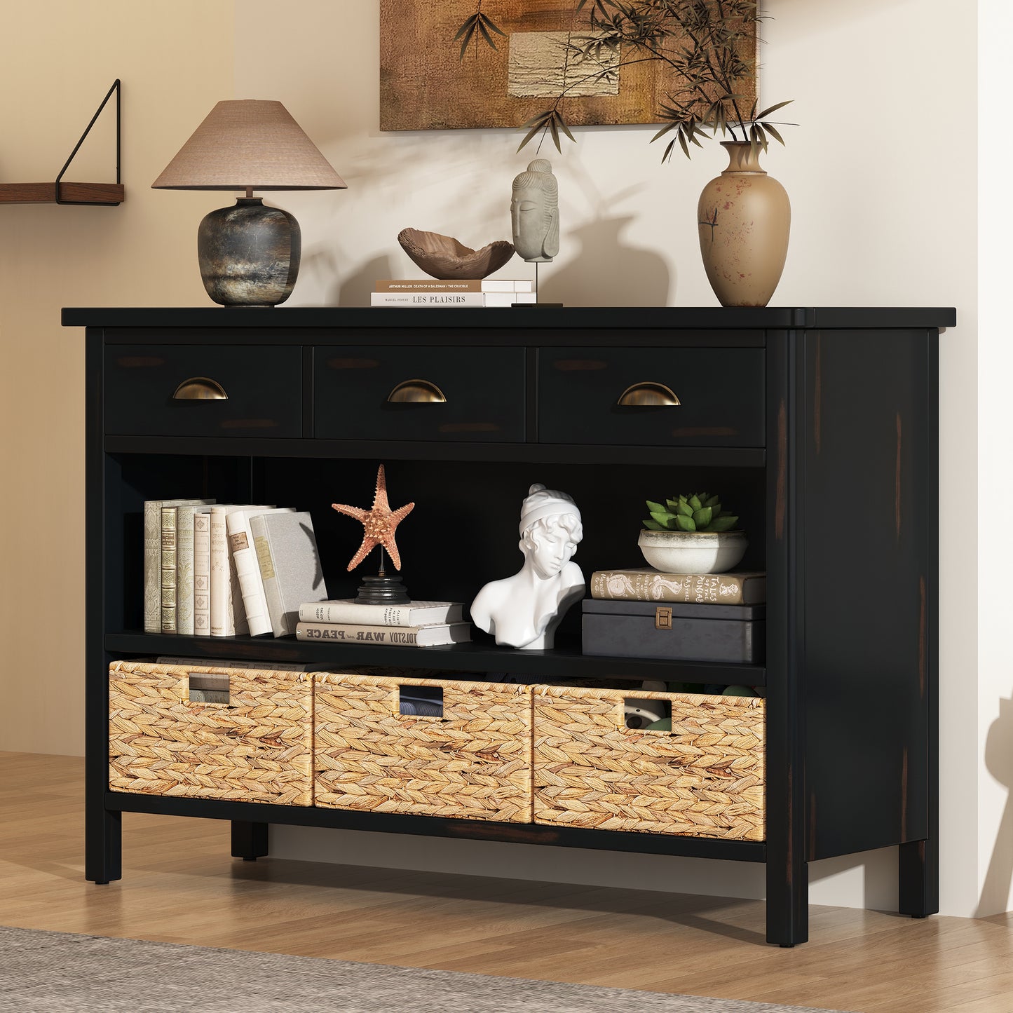 TREXM Retro Console Table with 3 Storage Drawers, Entryway Table with 3 Water Hyacinth Woven Baskets,Wooden Accent Sofa Table Buffet Cabinet for Entryway, Hallway and Living Room (Espresso)