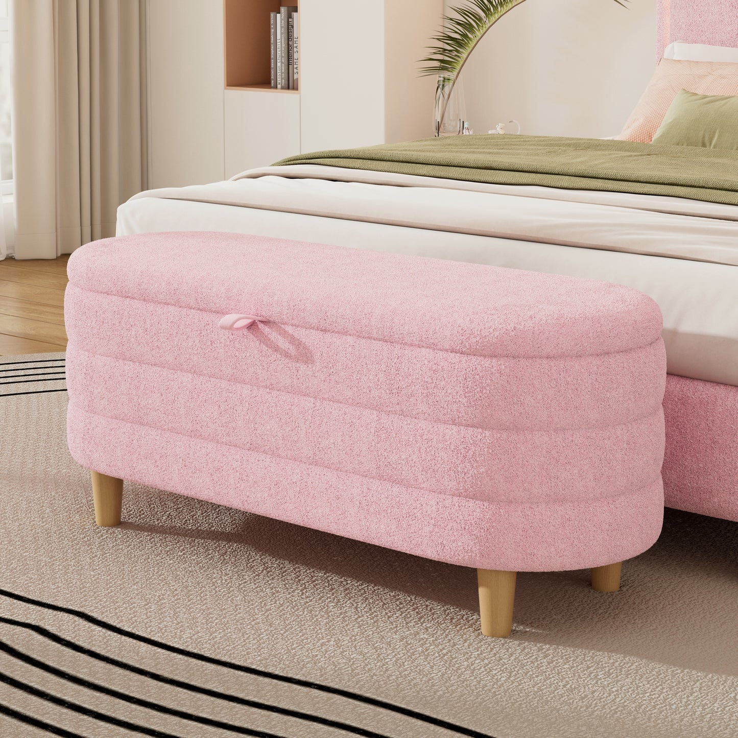 Elegant Upholstered Sherpa Fabric Storage Ottoman with Wood Legs, Storage Bench for Bedroom, Living Room, Pink