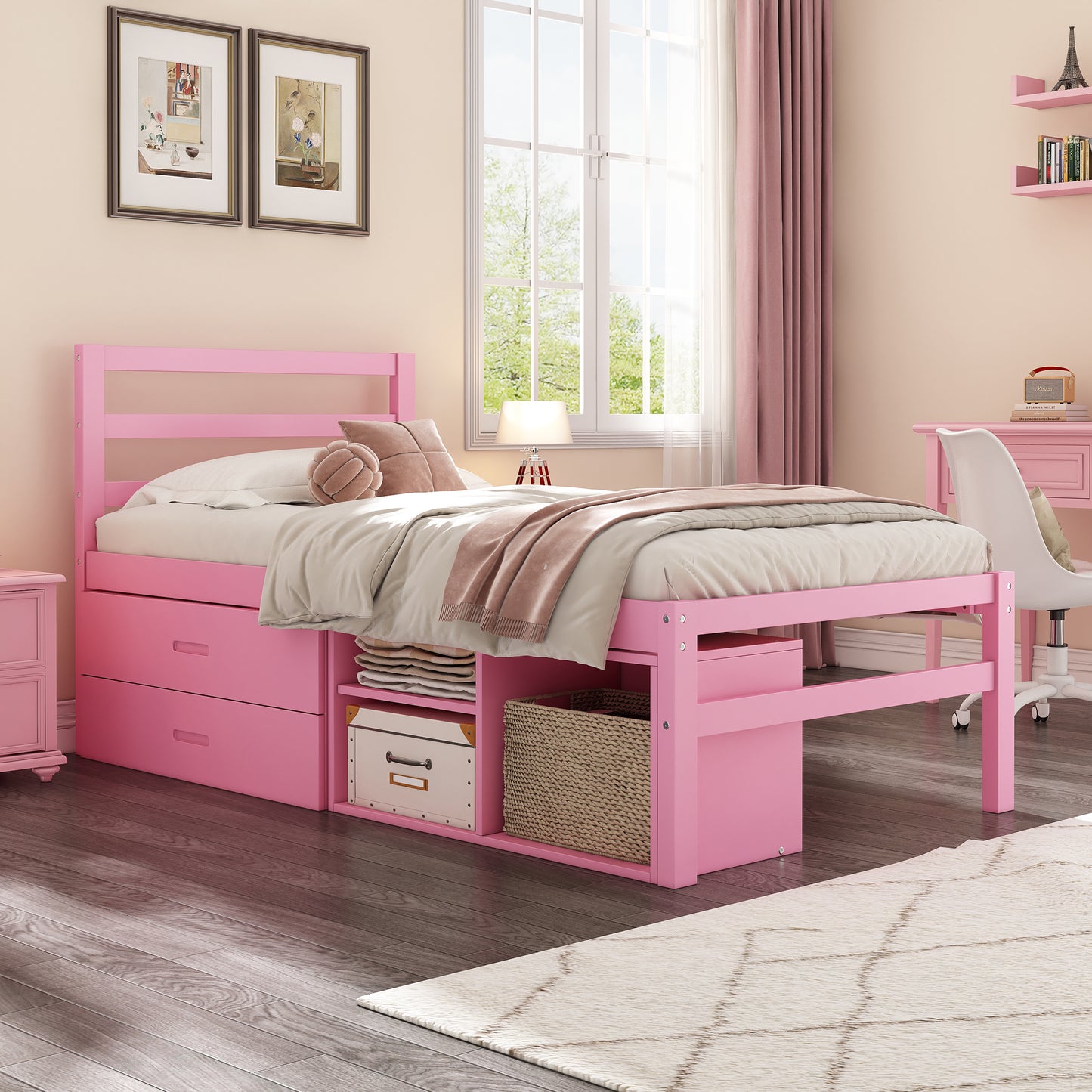 Twin Size Wood Platform Bed with Removable Storage Shelves, Built-in Two Storage Drawers for Added Convenience, Pink