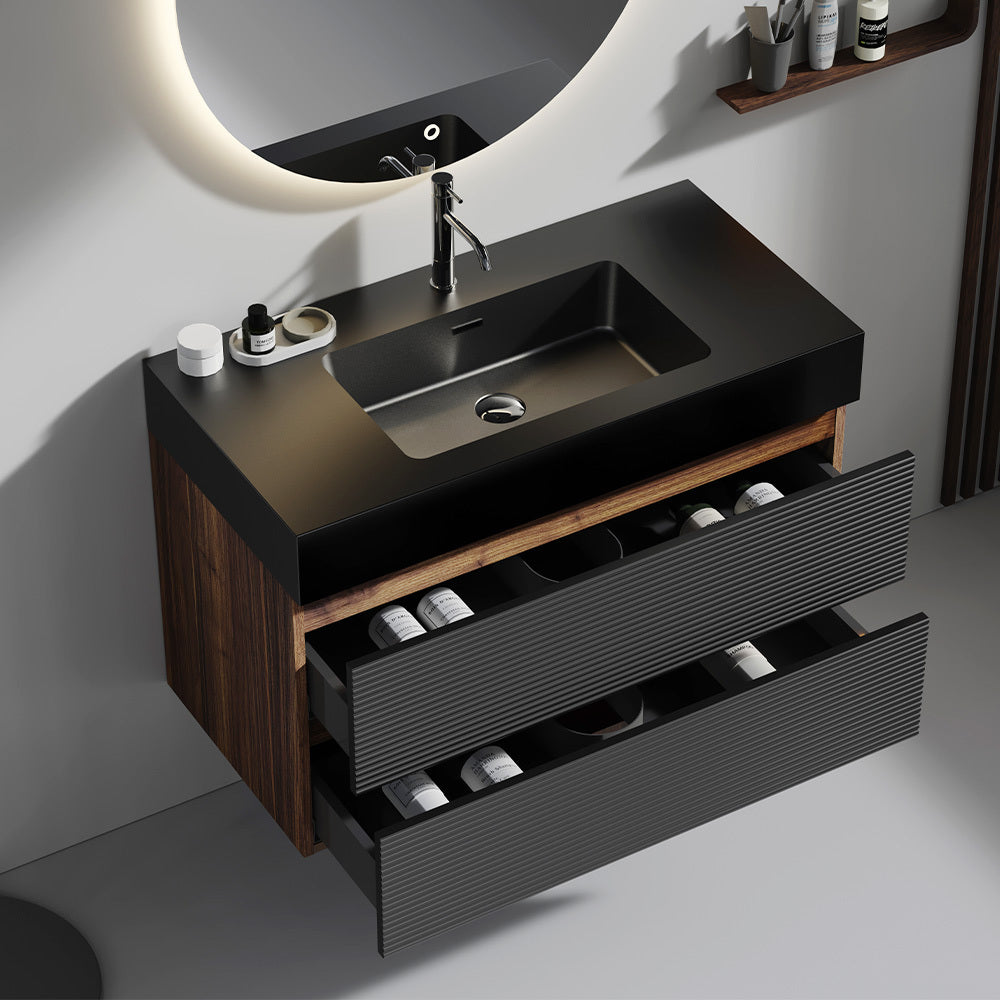 Grace 36' Walnut Bathroom Vanity with Matt Black Engineered Quartz Sink and Soft Black Drawers, Wall Mounted Floating Bathroom Vanity for Modern Bathroom, One-Piece Matt Black Basin, KD