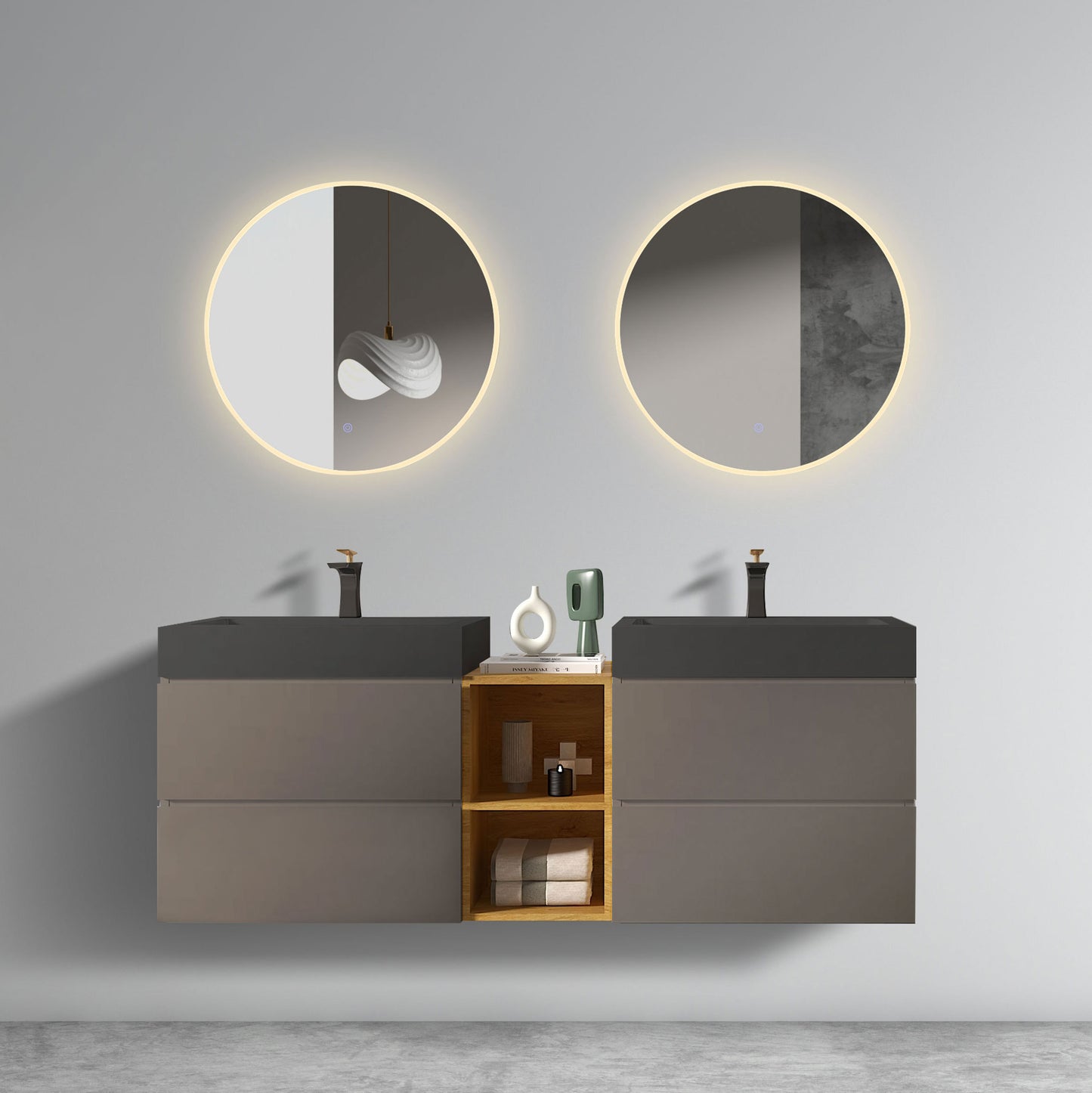 U095-Alice60W-102 Alice 60' space grey Bathroom Vanity with Double Sinks and Open Shelf, Modern Wall Mounted Floating Bathroom Vanity, One-Piece Sink Basin without Drain and Faucet