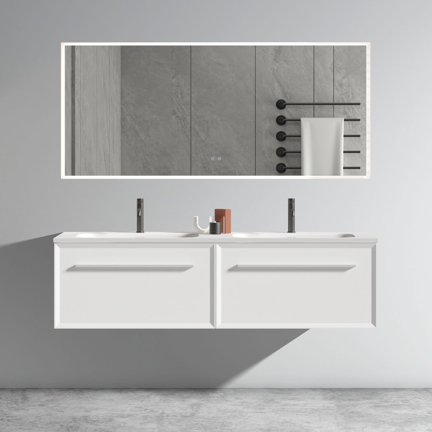 U052-Nevia60W-206 Nevia 60' Matt Snow White Bathroom Vanity with Automatic LED Drawer Light, Wall Mounted Bathroom Vanity with Integrated Solid Surface Sink, WITHOUT Drain, Pre-assembled