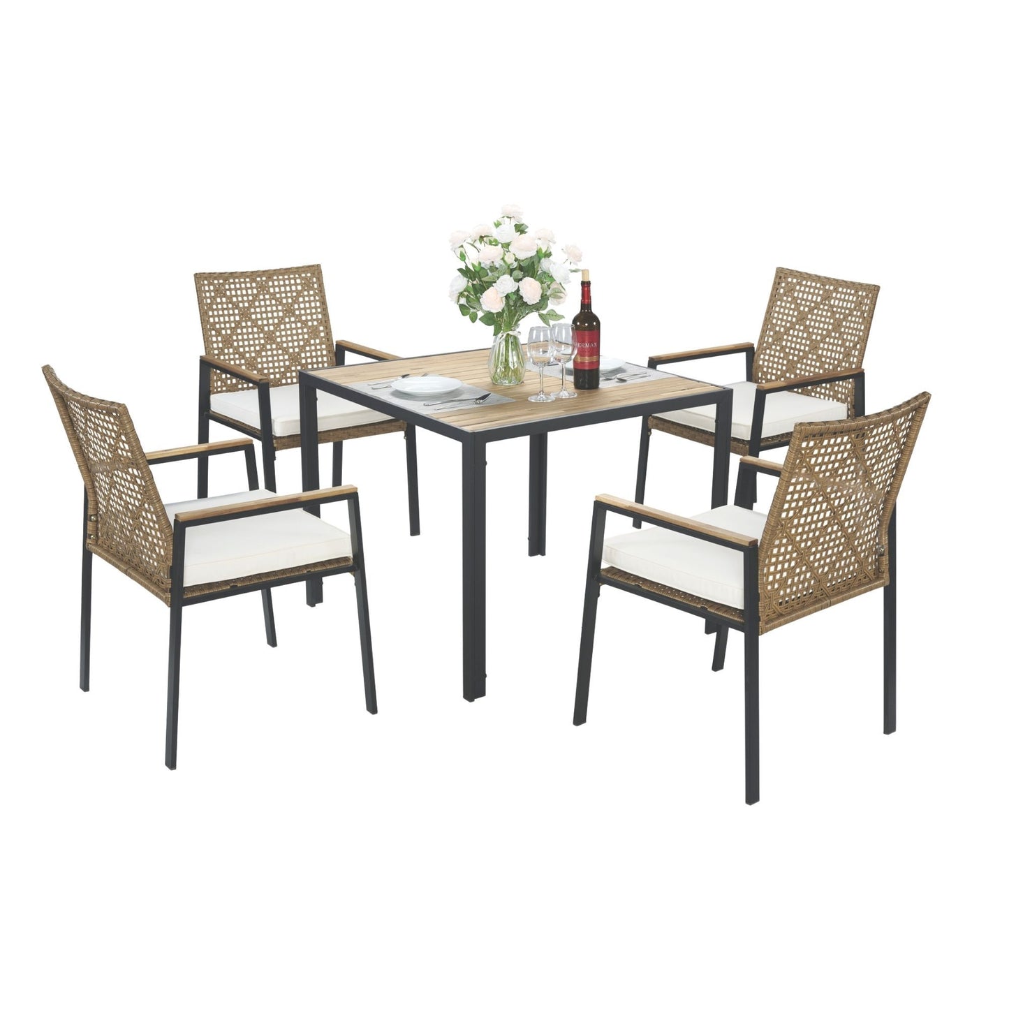 All Weather Patio Dining Table Set with Acacia Wood Top and Umbrella Hole, Yellow Rattan Outdoor Furniture