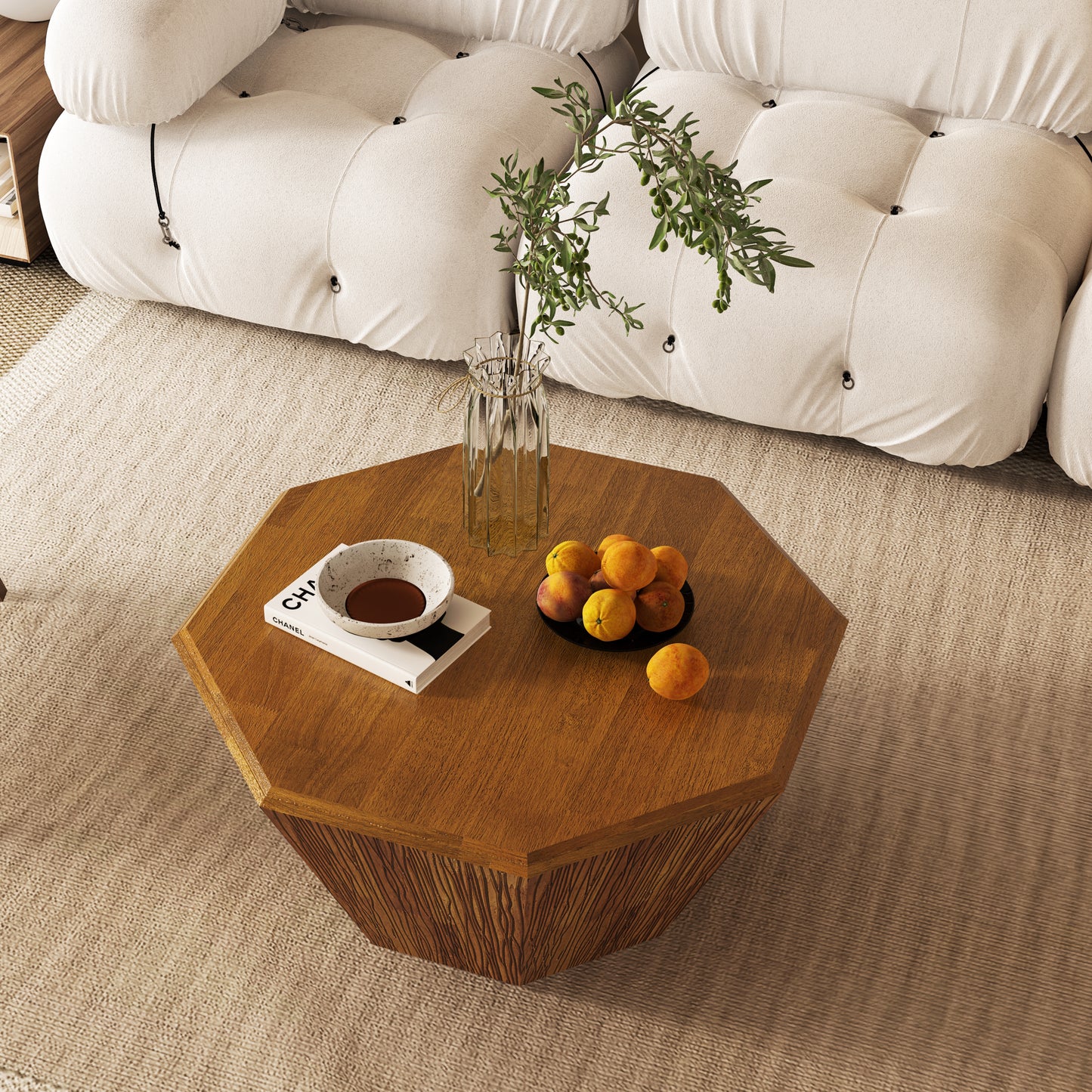 31.5 'Octagonal Natural Rubber wood Coffee Table, Coffee Table, Living Room Bedroom