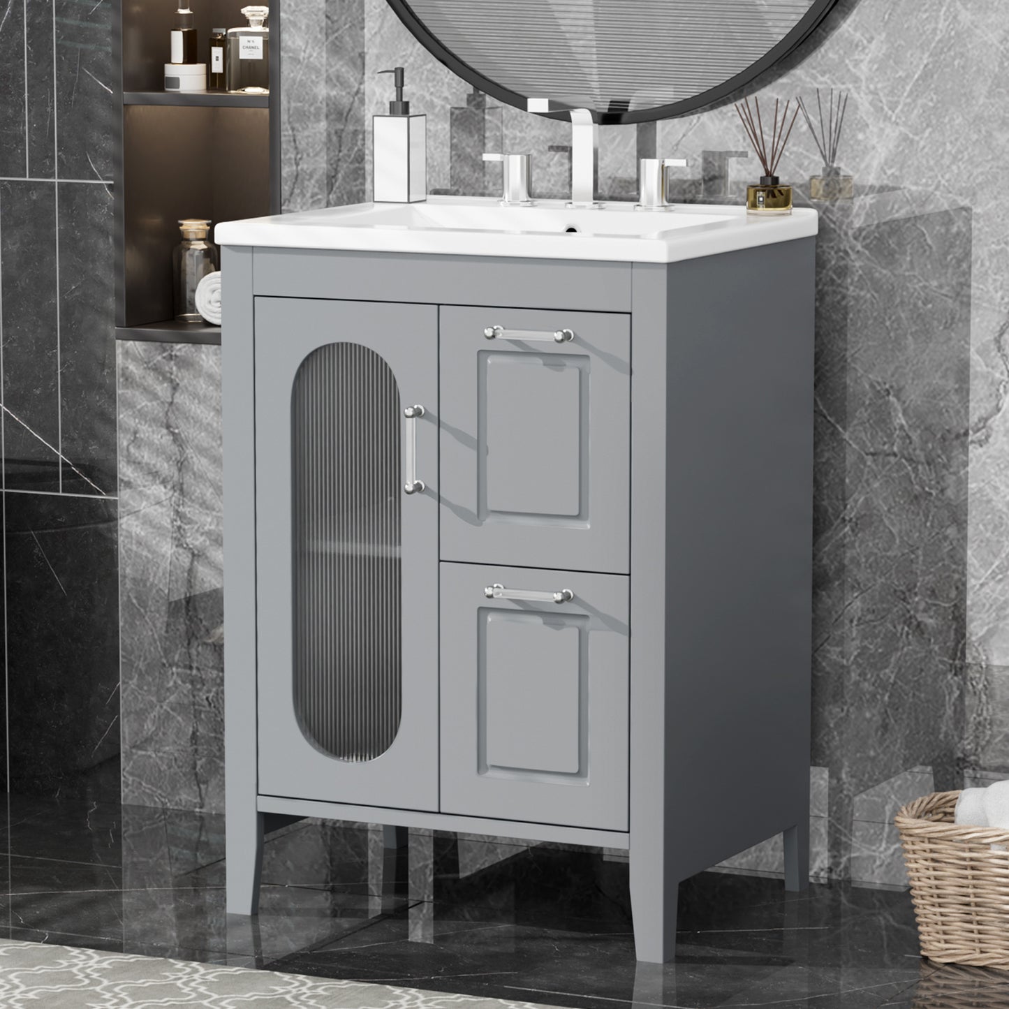 24' Bathroom Vanity with Sink, Bathroom Vanity Cabinet with Two Drawers and Door, Adjustable Shelf, Solid Wood and MDF, Grey (Old Sku:WF309411AAE)