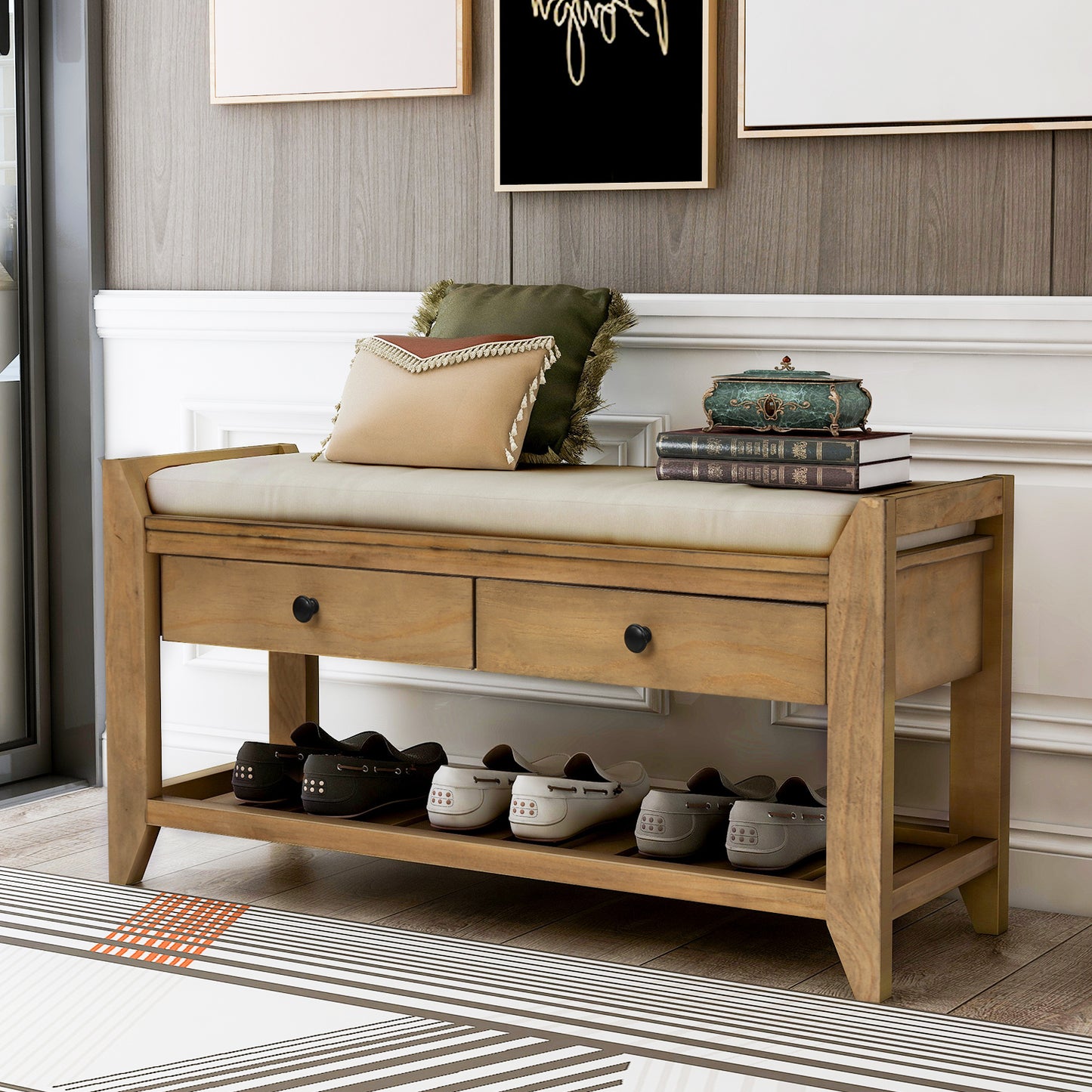 TREXM Shoe Rack with Cushioned Seat and Drawers, Multipurpose Entryway Storage Bench, Old Pine, Pine Wood, 39 x 14 inches