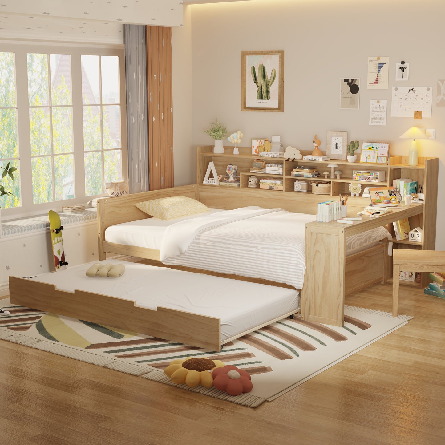 Wooden Full Size Daybed with Storage Shelves, Multi-functional Bed with Twin Size Trundle Bed and Study Desk, Natural