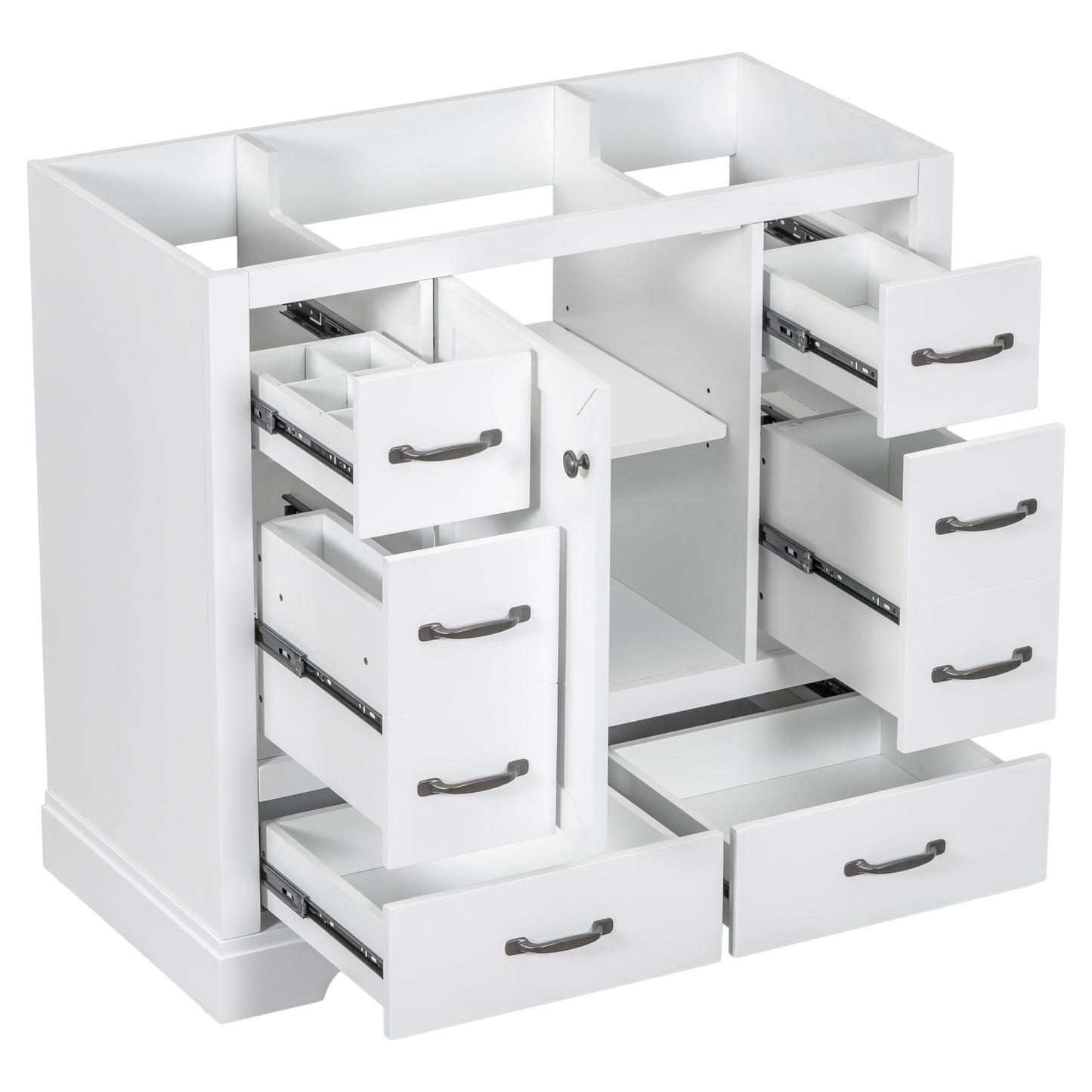 36' Bathroom Vanity without Sink, Cabinet Base Only, Six Drawers, Multi-Functional Drawer Divider, Adjustable Shelf, White