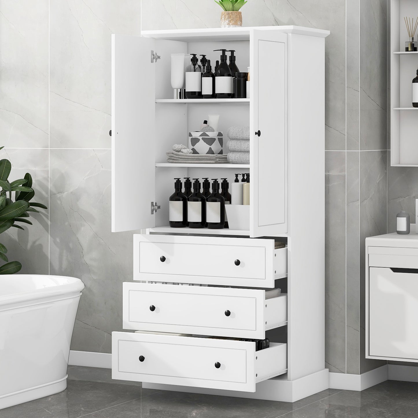 Freestanding Bathroom Storage Cabinet with Doors & 3 Large Drawers, Adjustable Shelves, Tall Linen Tower for Towels & Toiletries, Modern White Organizer for Bathroom, or Laundry Room