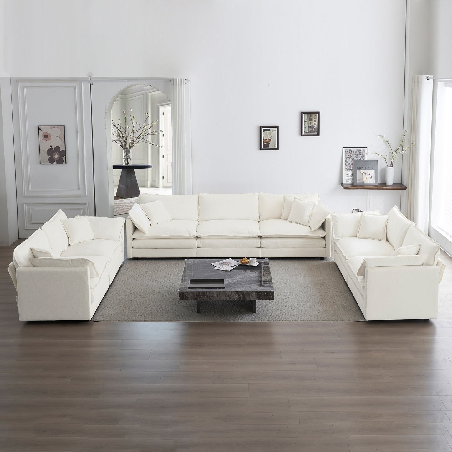 3 Piece Sofa Set Oversized Sofa Comfy Sofa Couch, 2 Pieces of 2 Seater and 1 Piece of 3 Seater Sofa for Living Room, Deep Seat Sofa White Chenille