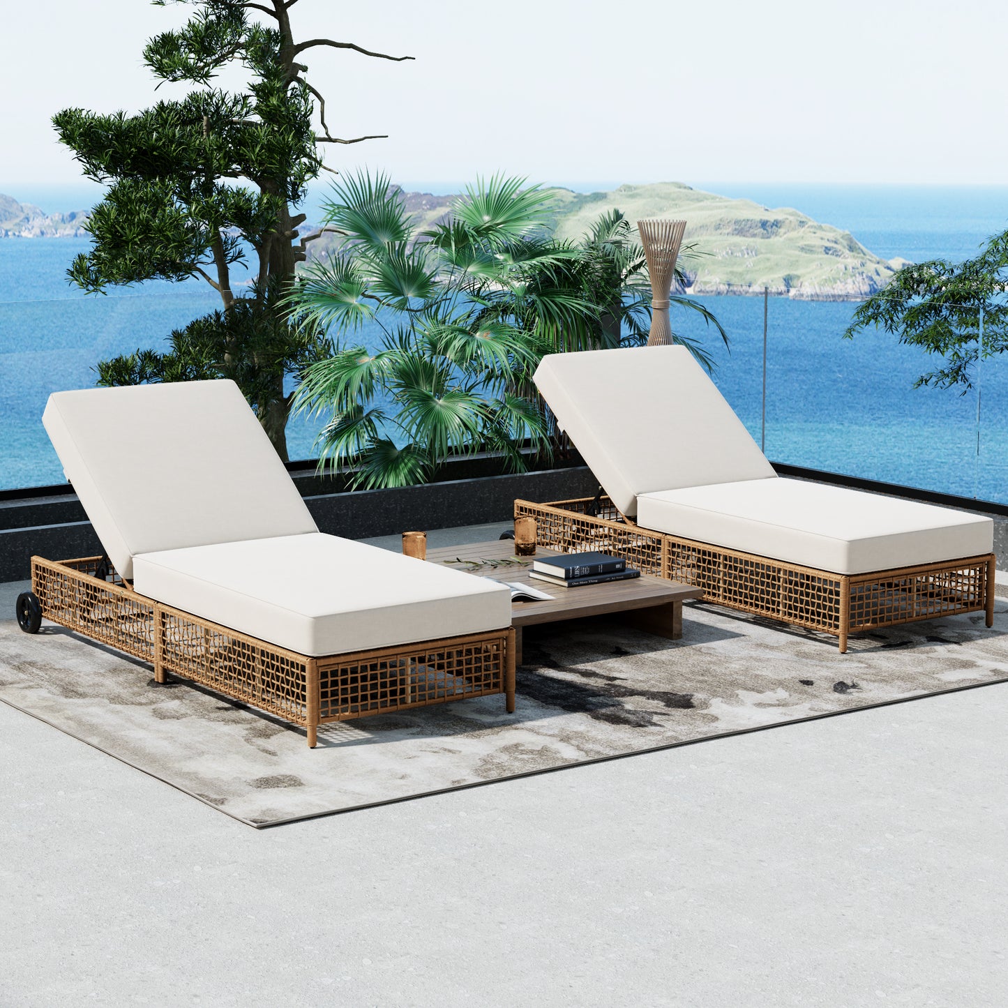 TREXM Outdoor Lounge Chair Set of 2, Patio Chaise Lounge with 5-Position Backrest, Rattan Outdoor Lounge Chair with Cushion and Wheels for Poolside, Backyard, Garden (Natural+Beige)