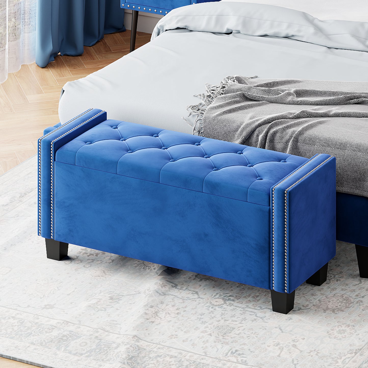 Upholstered Velvet Storage Ottoman Bench for Bedroom, End of Bed Bench with Rivet Design, Tufted Foot Rest Stool,Blue