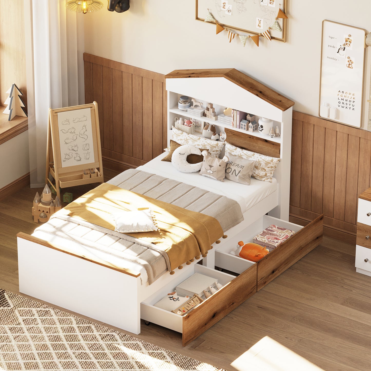 Twin Size House-Shaped Wooden Bed with Storage Shelf on the Headboard, Built-in Two Storage Drawers, Brown