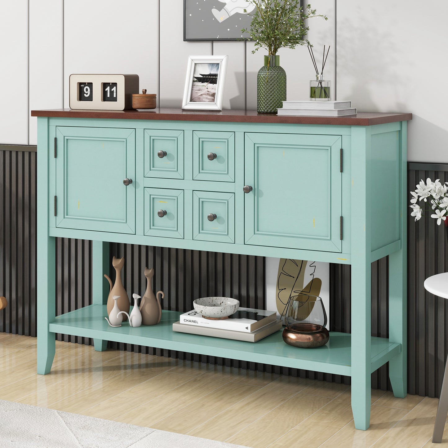 TREXM Cambridge Series Ample Storage Vintage Console Table with Four Small Drawers and Bottom Shelf for Living Rooms, Entrances and Kitchens (Retro Blue, OLD SKU: WF190263AAC)