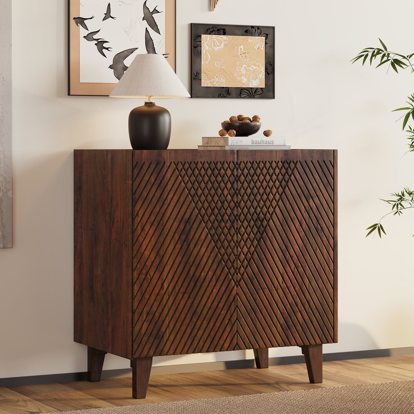 TREXM Wood Accent Cabinet with Storage, Rustic Mango Wood Storage Cabinet with Fluted Design and Adjustable Shelf for Dining Room, Kitchen, and Living Room (Honey)
