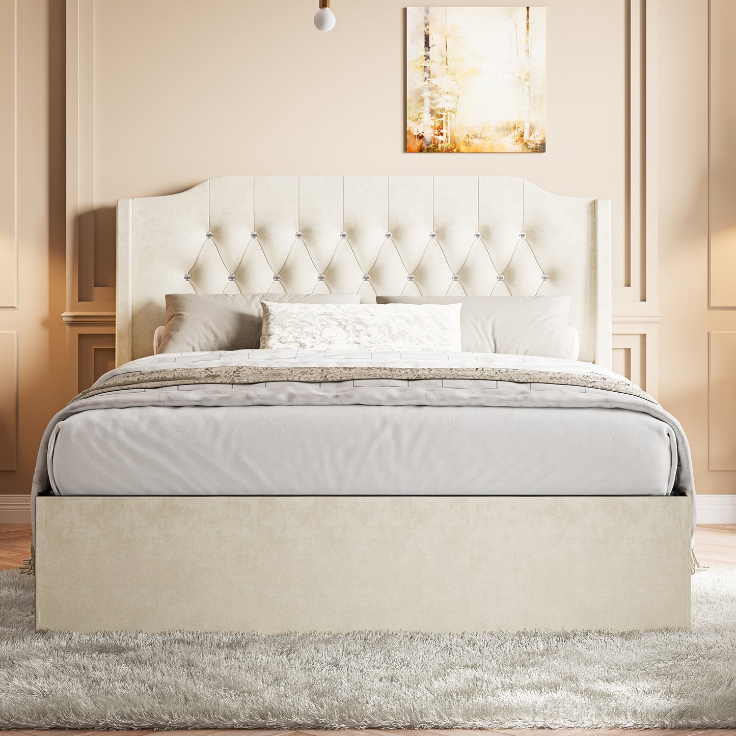Queen Size Tufted Upholstered Bed Frame with Crystal Button Accents, Bed Frame with Wingback Headboard and Under-Bed Storage Space, No Box Spring Needed,Beige