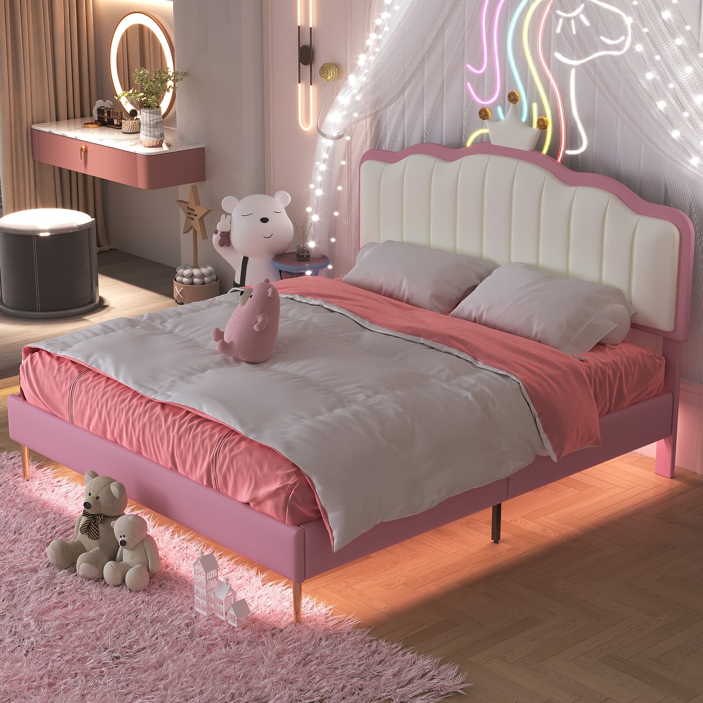 Full size Upholstered Princess Bed With Crown Headboard, Platform Bed with with Light Strips,Golden Metal Legs, White+Pink
