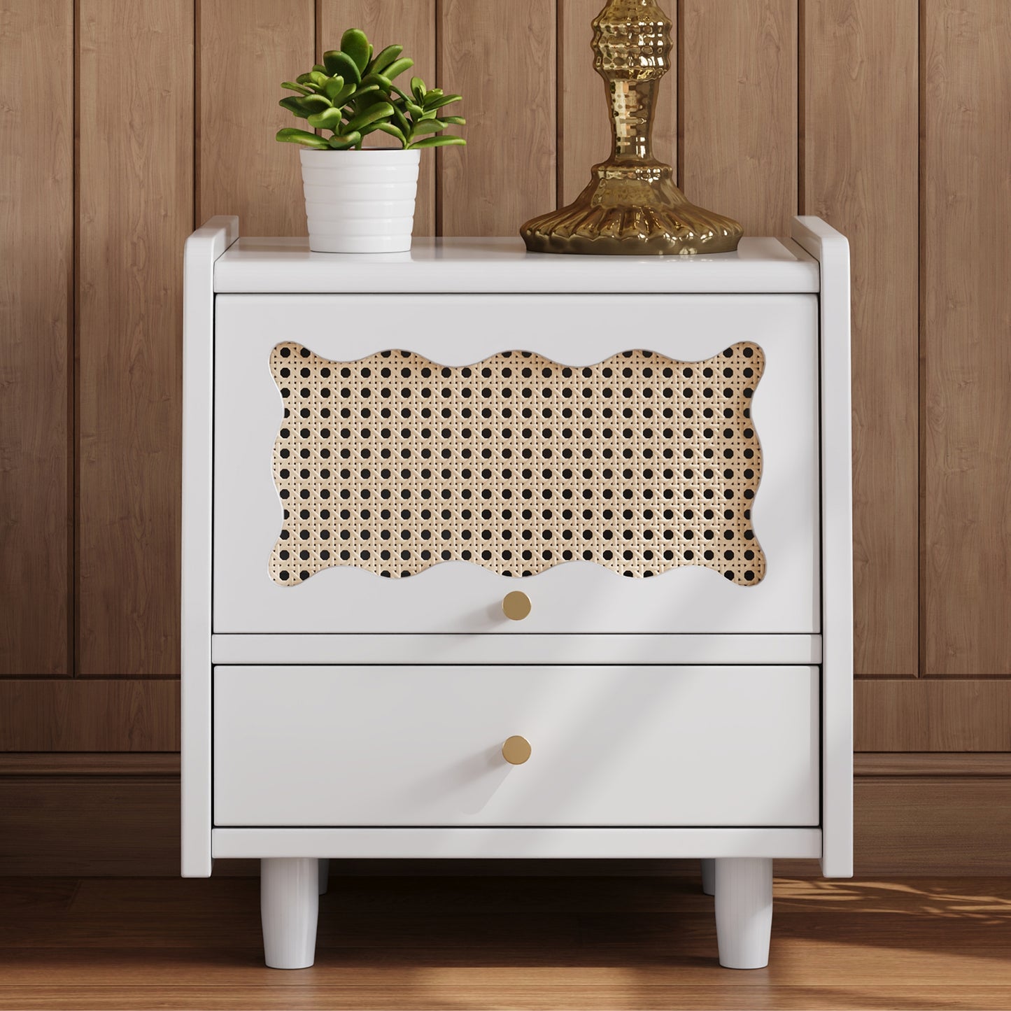 Wooden Nightstand with Rattan-Woven Storage Cabinet and 1 Drawer, Exquisite Elegance with Natural Storage Solutions for Bedroom, White
