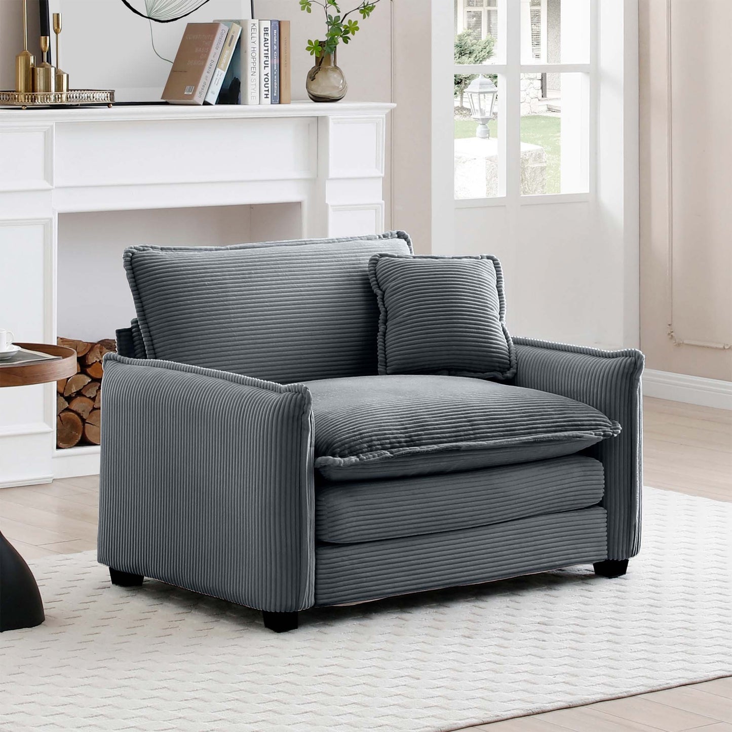 Comfortable Single Deep Seat Sofa With One Pillow, Suitable for Living Room and Bedroom, Club Multiple Occasions,Grey Corduroy