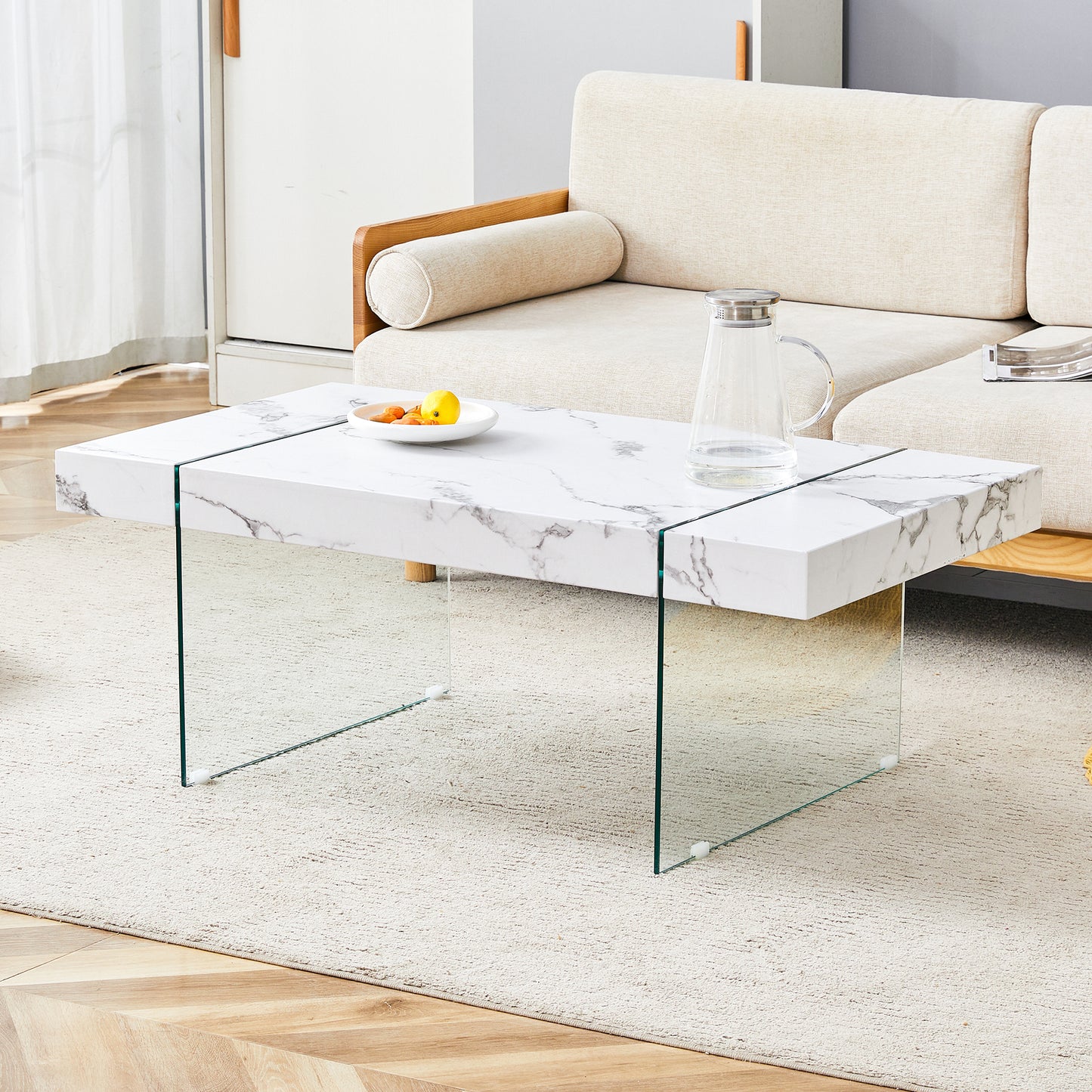 43.3'x23.6' White Marble-Patterned MDF Coffee Table with Tempered glass legs.Suitable for Living Room.It can be used not only as a coffee table but also as a side table or display stand.W1151P209565