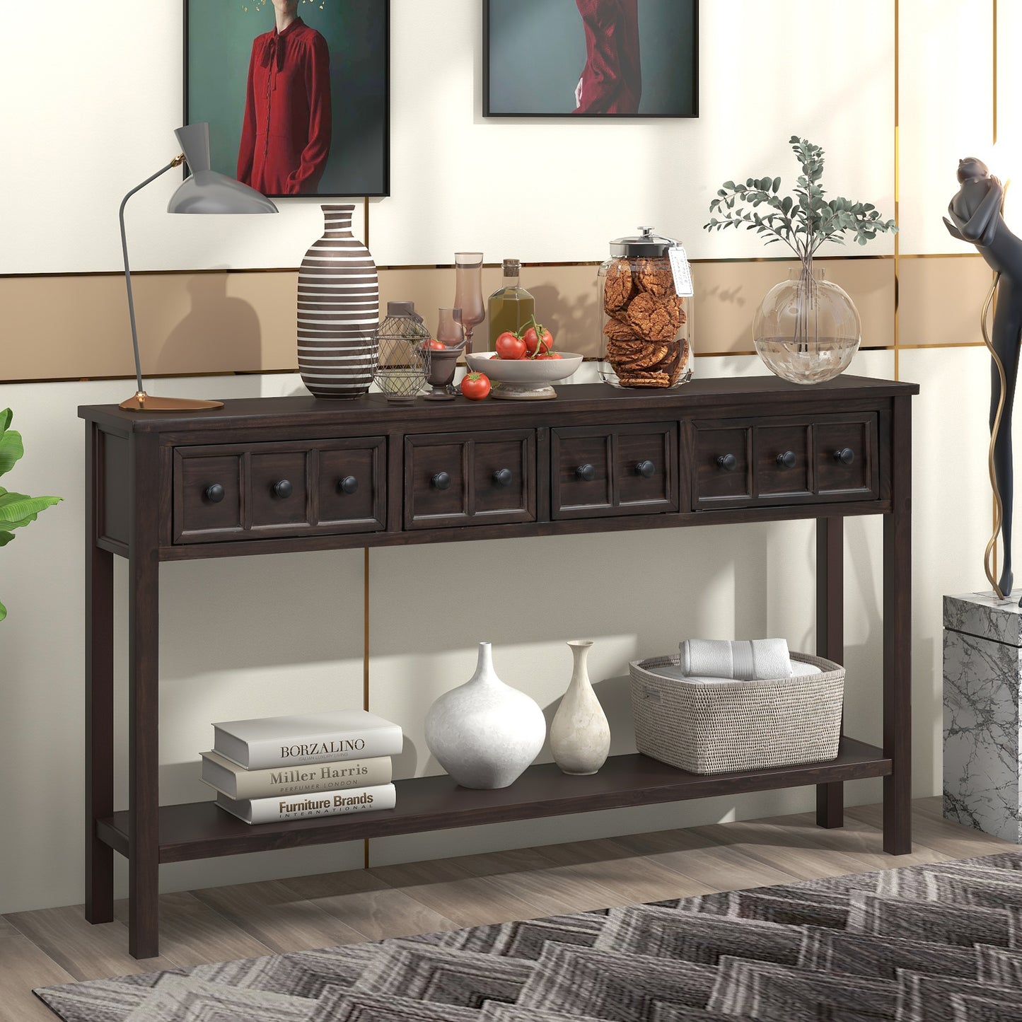 TREXM Rustic Entryway Console Table, 60' Long Sofa Table with two Different Size Drawers and Bottom Shelf for Storage (Espresso)