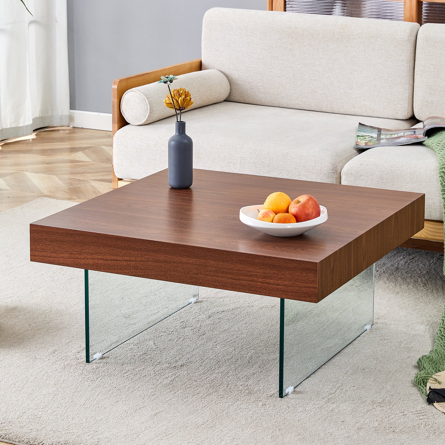 Walnut Colored Square MDF Coffee Table - 31.5'x31.5' with Tempered Glass Legs.Density Board Sticker,Reinforced Glass Legs.Walnut Colored Texture Sticker.
