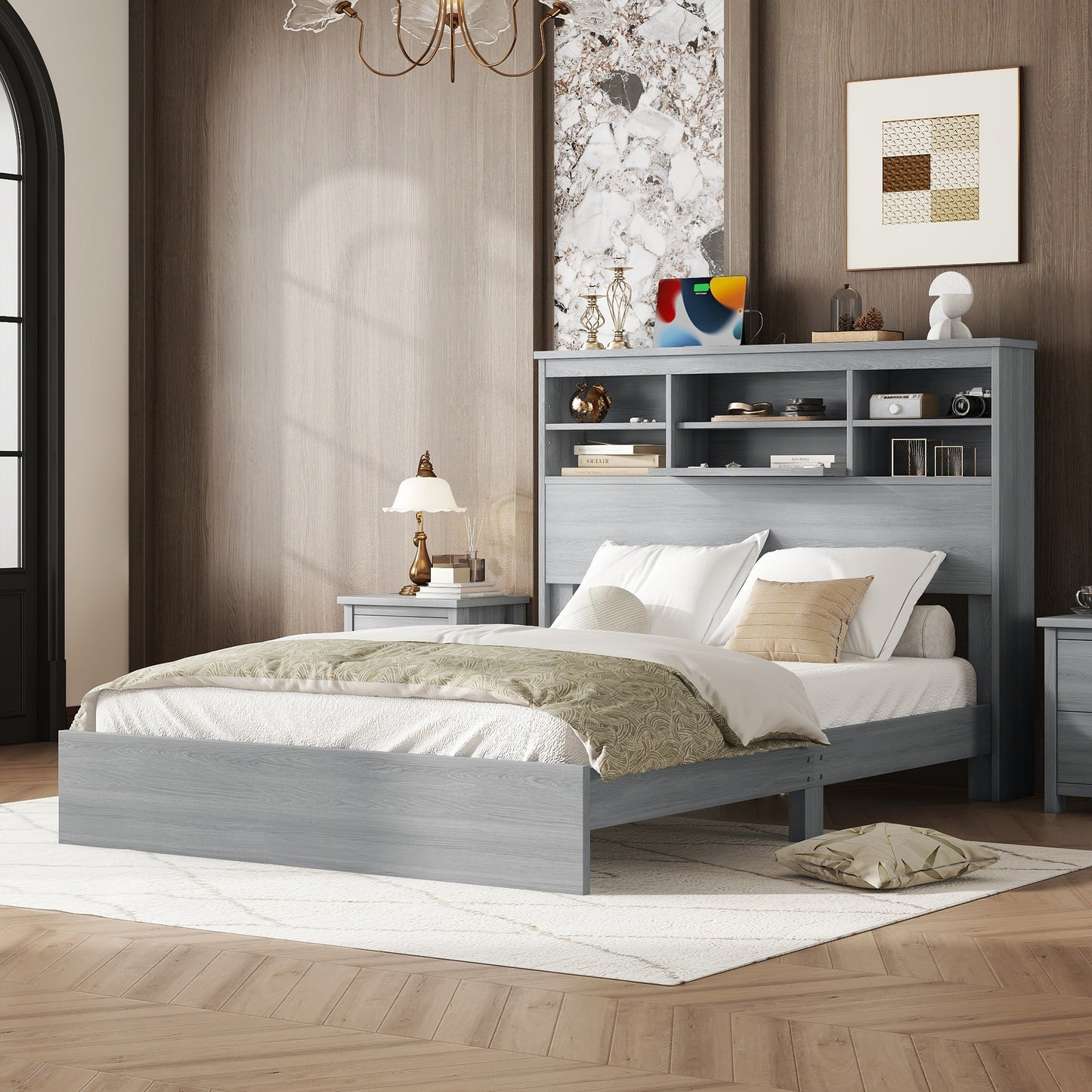 Queen Size Vintage Platform Bed,With Storage Headboard and Charging Station, Light Gray
