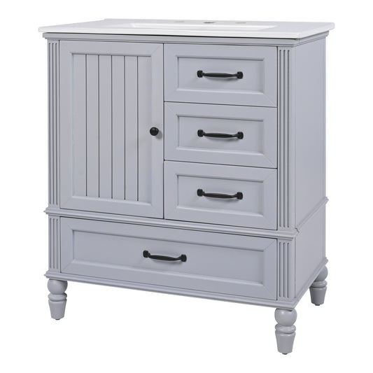 30' Bathroom Vanity with Sink, Bathroom Cabinet with A Door, Three Drawers, Solid Wood Legs & MDF Board, Adiustable Foot Pads, Grey
