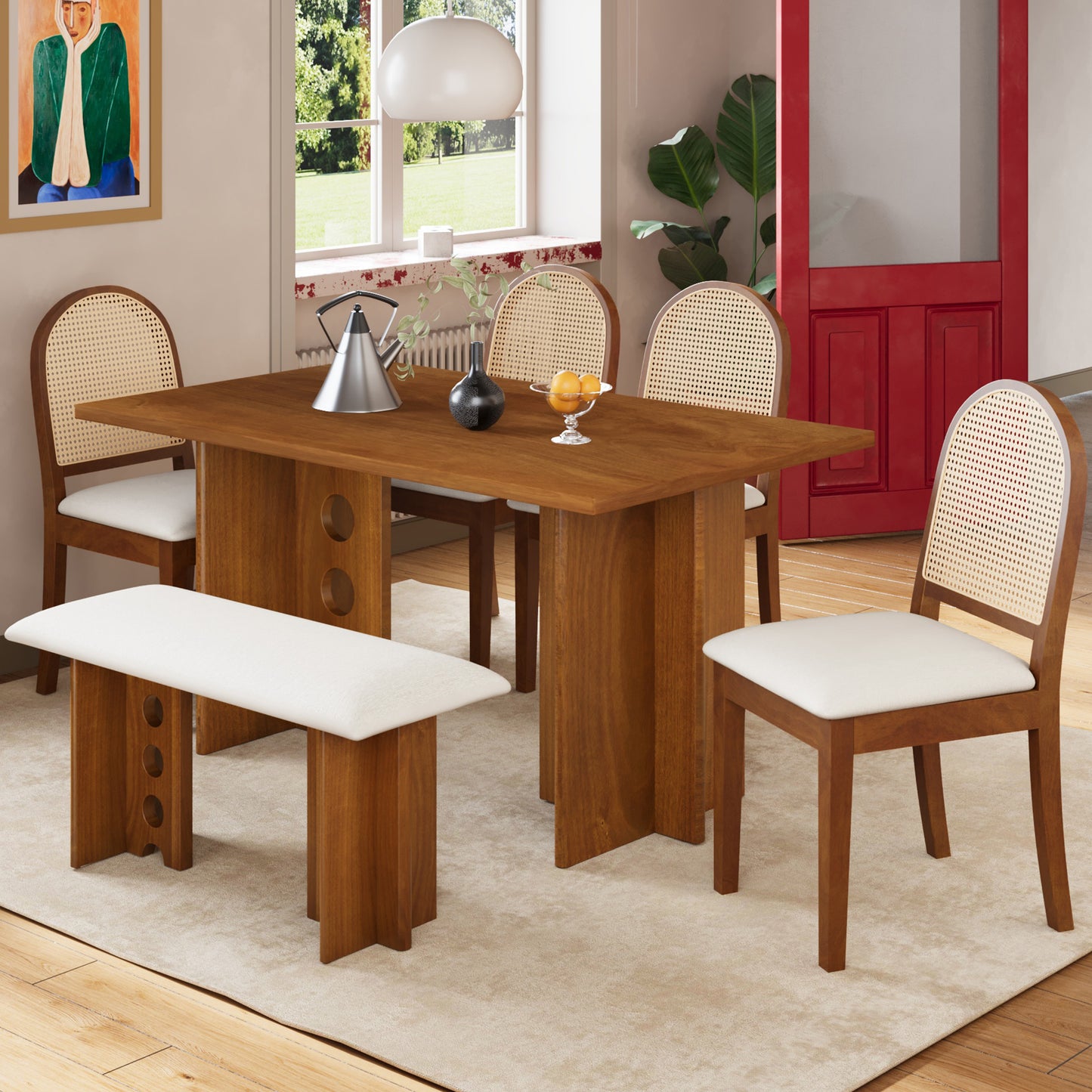 TOPMAX Modern Double Pedestal 6-Piece Dining Table Set, 4 Upholstered Rattan Back Dining Chairs and Bench for 6, Walnut
