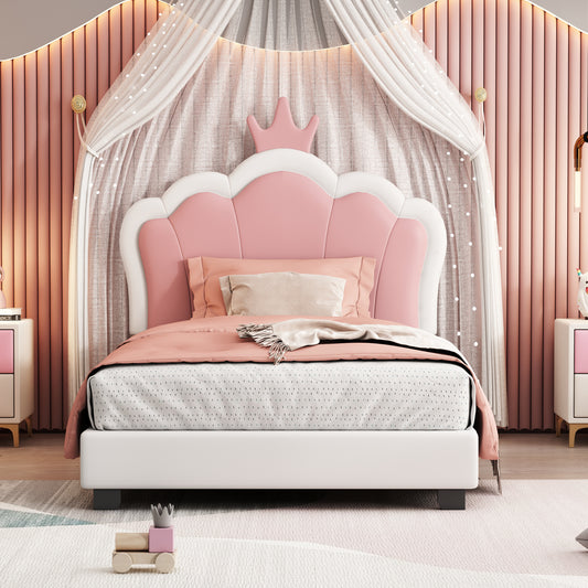 Twin size Upholstered Princess Bed With Crown Headboard,Twin Size Platform Bed with Headboard and Footboard, Cream+Pink(Old SKU:WF303336AAK)