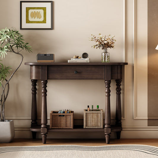 TREXM Narrow Console Table with Curved Corner, Retro Entryway Table with Top Drawer and Open Shelf, Sofa Table Console Tables for Entryway, Hallway and Living Room (Espresso)