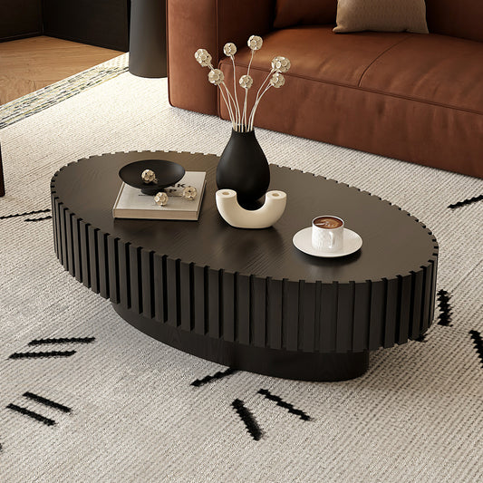 Oval Coffee Table Handcrafted Relief Sturdy Pedestal Wooden Olive-Shaped Tea Table for Living Room