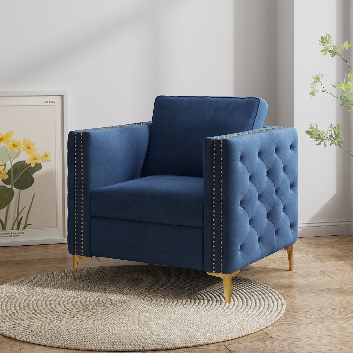 Accent Chair for Living Room Upholstered  Arm Chair with Metal Legs Navy Blue Velvet