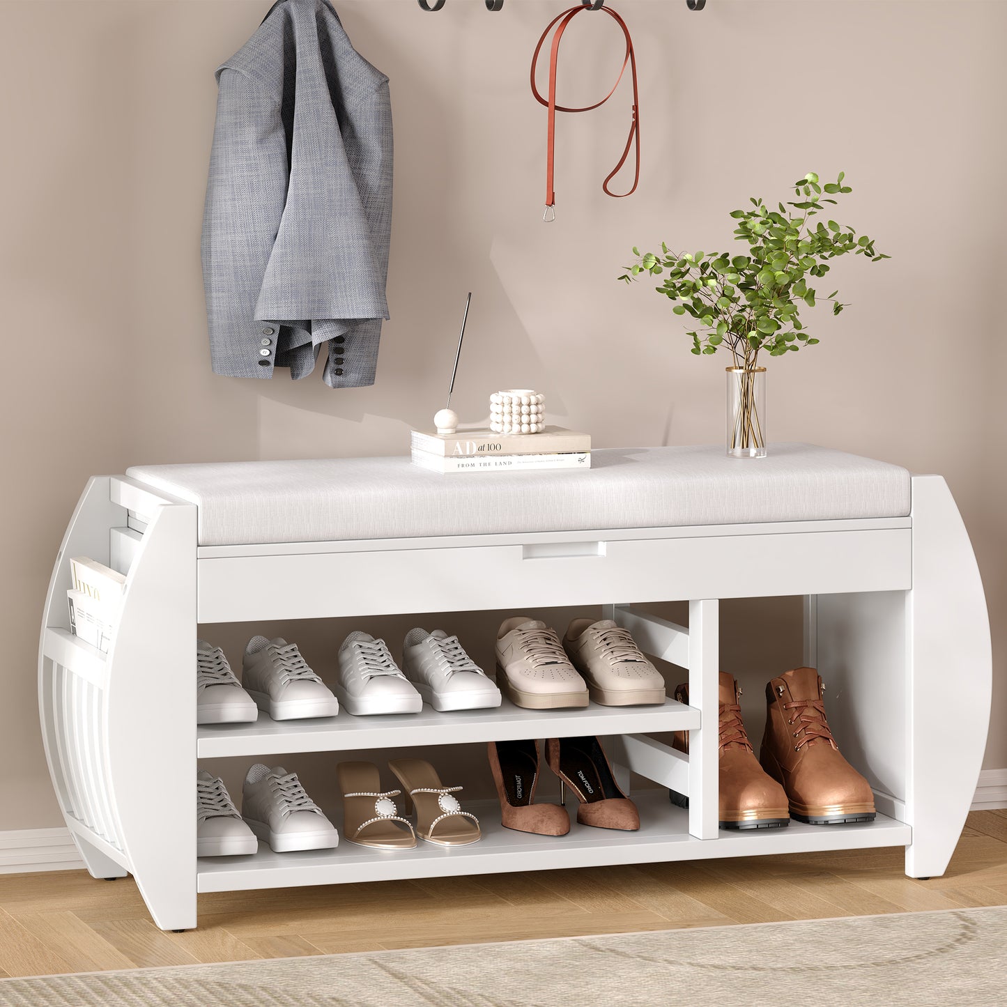 TREXM Shoe Storage Bench, Shoe Bench with Cushion and Curved Side, Shoe Bench Retro Multifunctional Panel for Entryway and Living room, Antique White