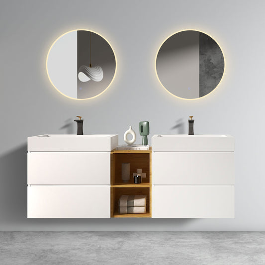 U063-ALICE72W-201 Alice 72' White Bathroom Vanity with Double Sinks and Open Shelf, Modern Wall Mounted Floating Bathroom Vanity, One-Piece Sink Basin without Drain and Faucet