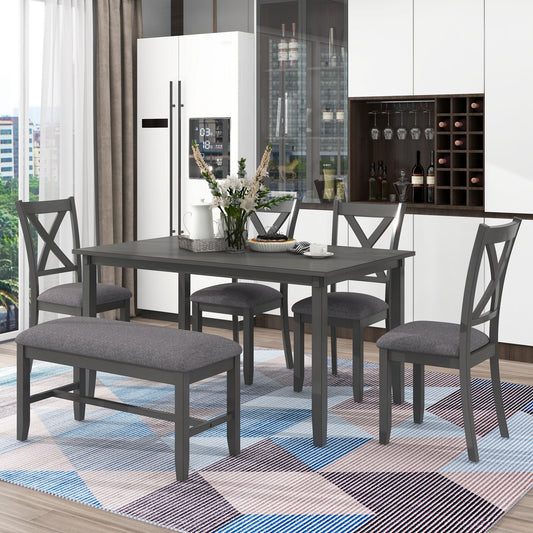 TREXM 6-Piece Kitchen Dining Table Set with Wooden Rectangular Table, 4 Fabric Chairs and Bench, Gray