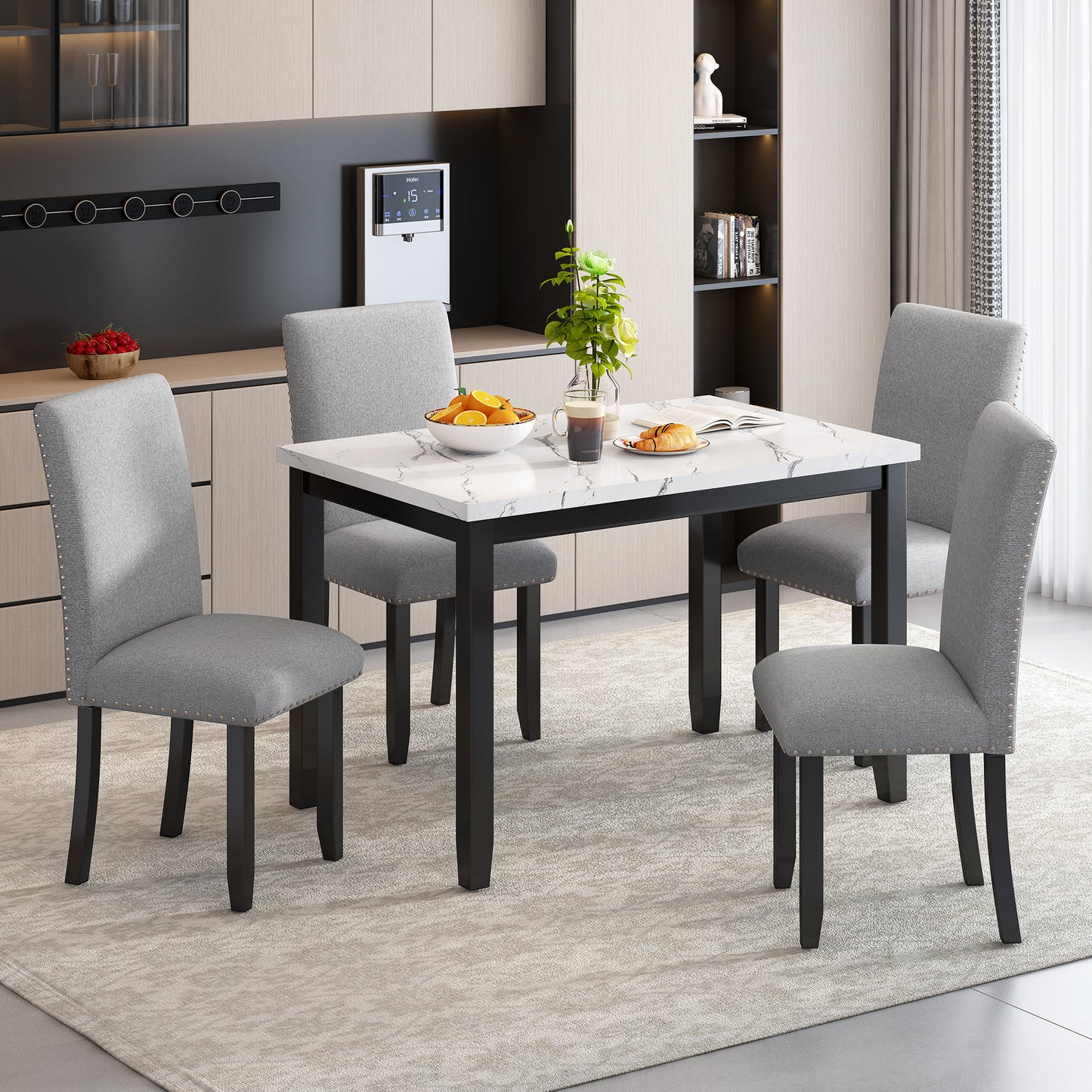TREXM 5-Piece  Dining Table Set for 4, Modern Kitchen Table and Chairs Set of 4, Marble Dining Table with 4 Upholstered Chairs for Small Space (White/Light Gray+Black)